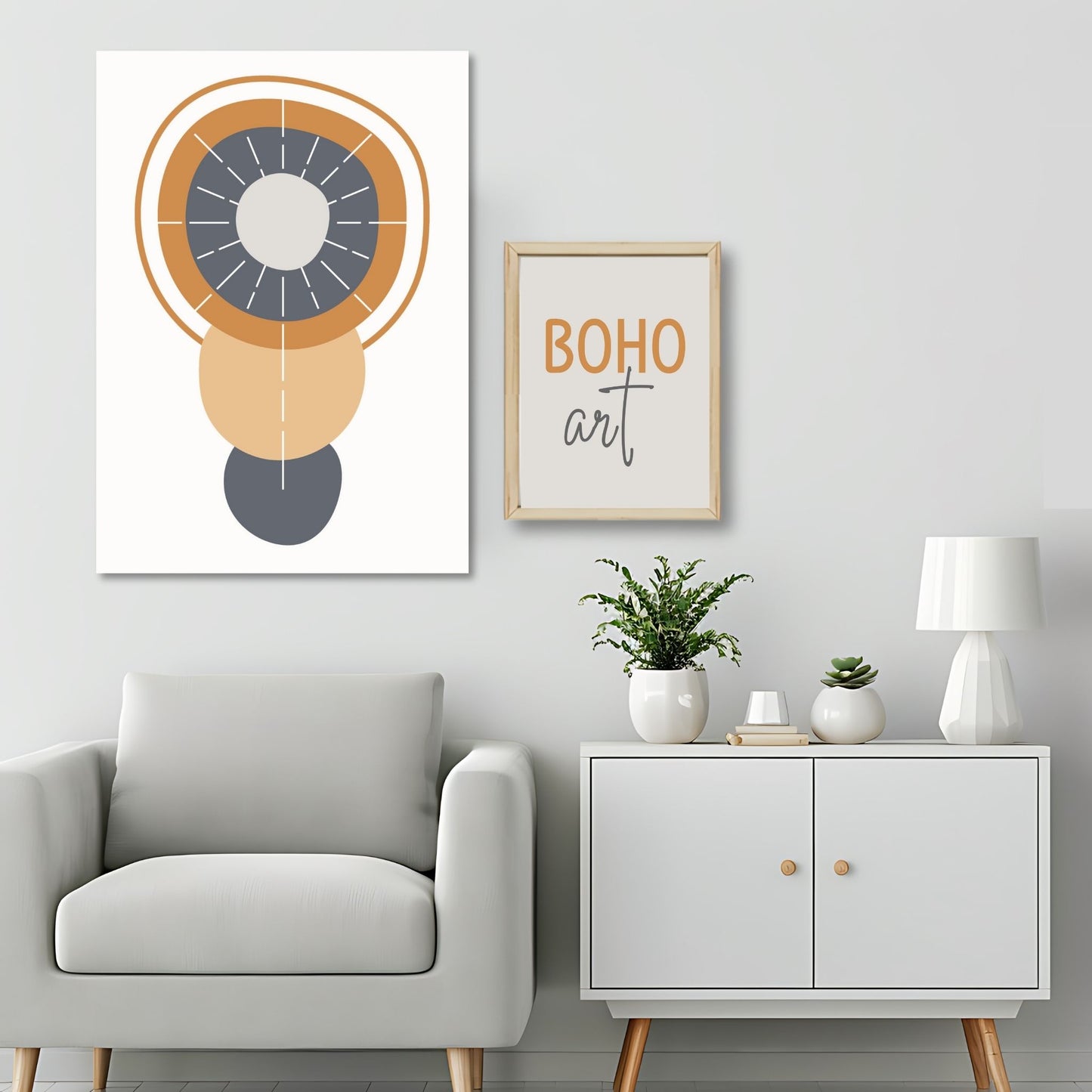 Dette kunstverket er inspirert av moderne minimalistisk design med innslag av naturlige former og fargetoner, perfekt for deg som ønsker å skape en varm og innbydende atmosfære. Illustrasjonsfoto viser motivet på lerret.