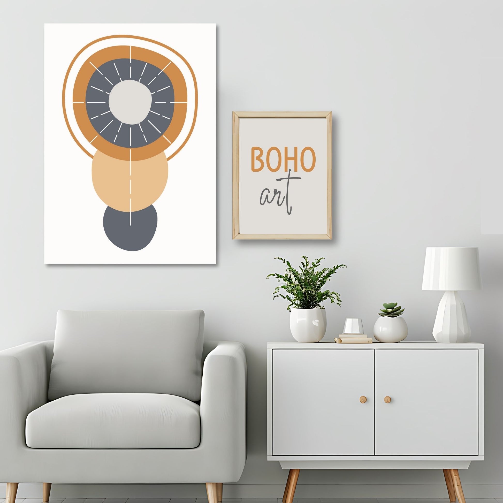 Dette kunstverket er inspirert av moderne minimalistisk design med innslag av naturlige former og fargetoner, perfekt for deg som ønsker å skape en varm og innbydende atmosfære. Illustrasjonsfoto viser motivet på lerret.