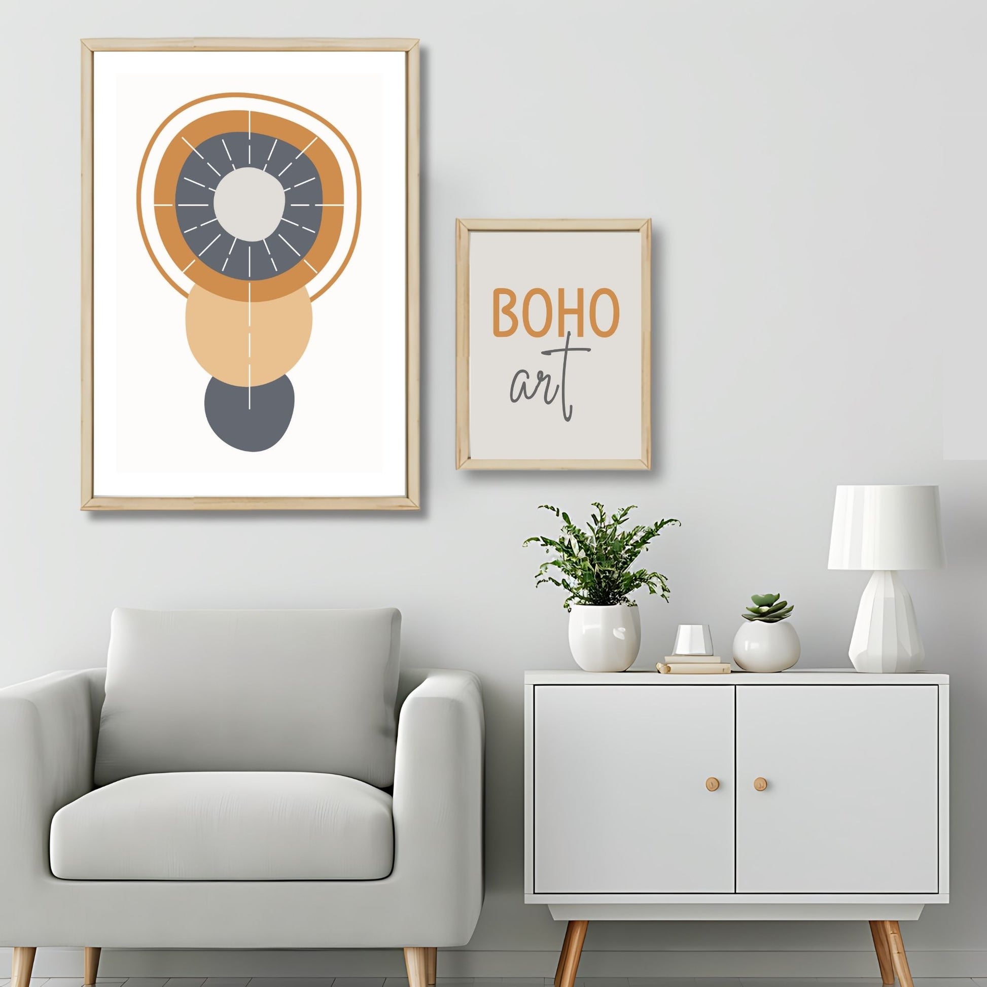 Dette kunstverket er inspirert av moderne minimalistisk design med innslag av naturlige former og fargetoner, perfekt for deg som ønsker å skape en varm og innbydende atmosfære. Illustrasjonsfoto viser motivet som plakat i lys ramme.