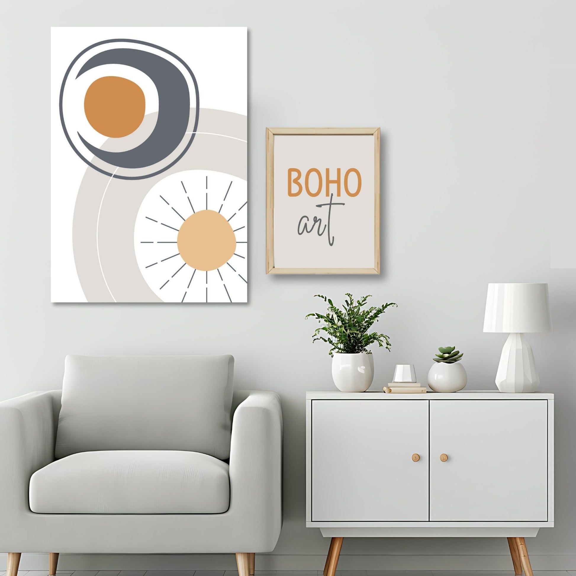 Dette kunstverket er inspirert av moderne minimalistisk design med innslag av naturlige former og fargetoner, perfekt for deg som ønsker å skape en varm og innbydende atmosfære. Illustrasjonsfoto viser motivet på lerret.
