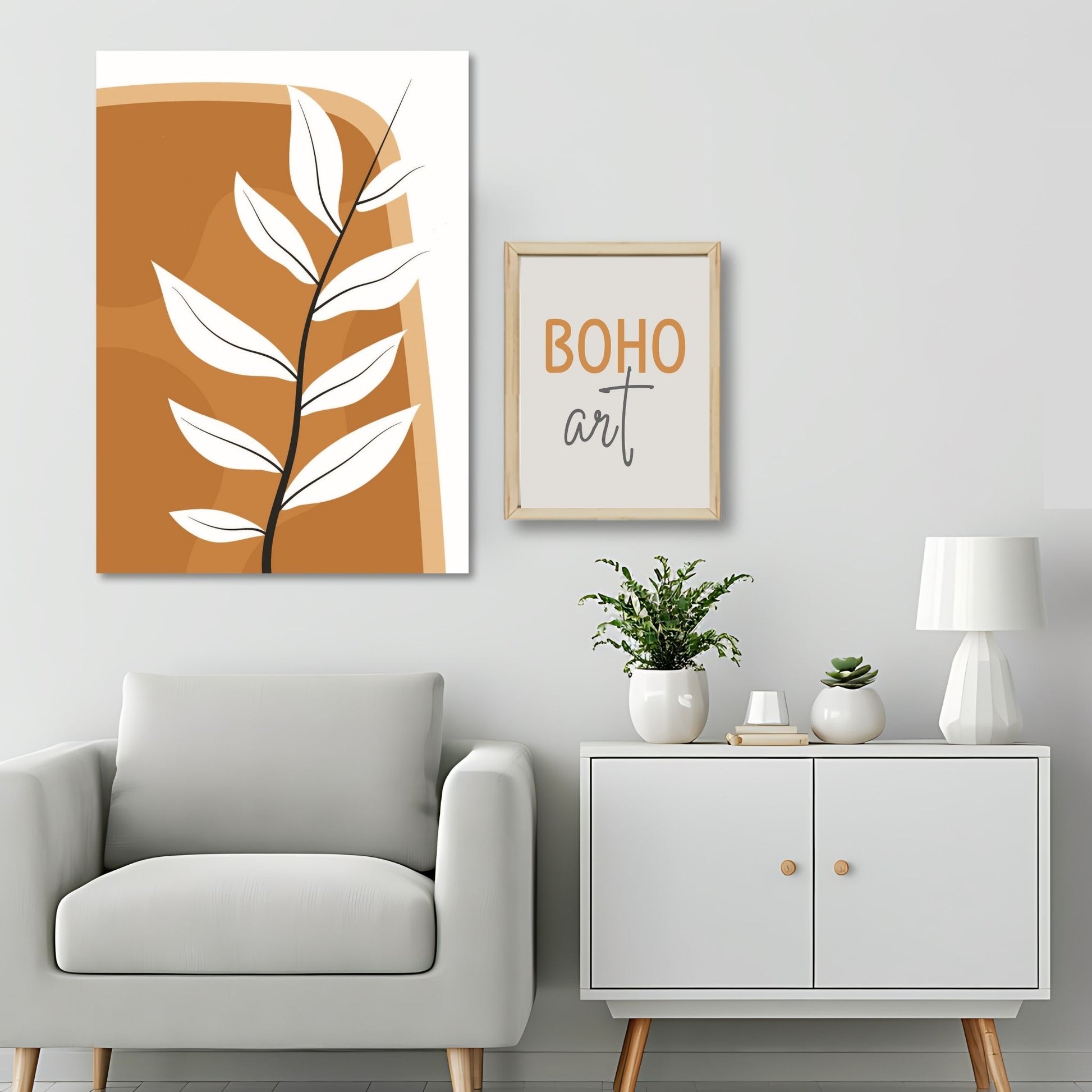 Dette kunstverket er inspirert av moderne minimalistisk design med innslag av naturlige former og fargetoner, perfekt for deg som ønsker å skape en varm og innbydende atmosfære. Illustrasjonsfoto viser motivet på lerret.
