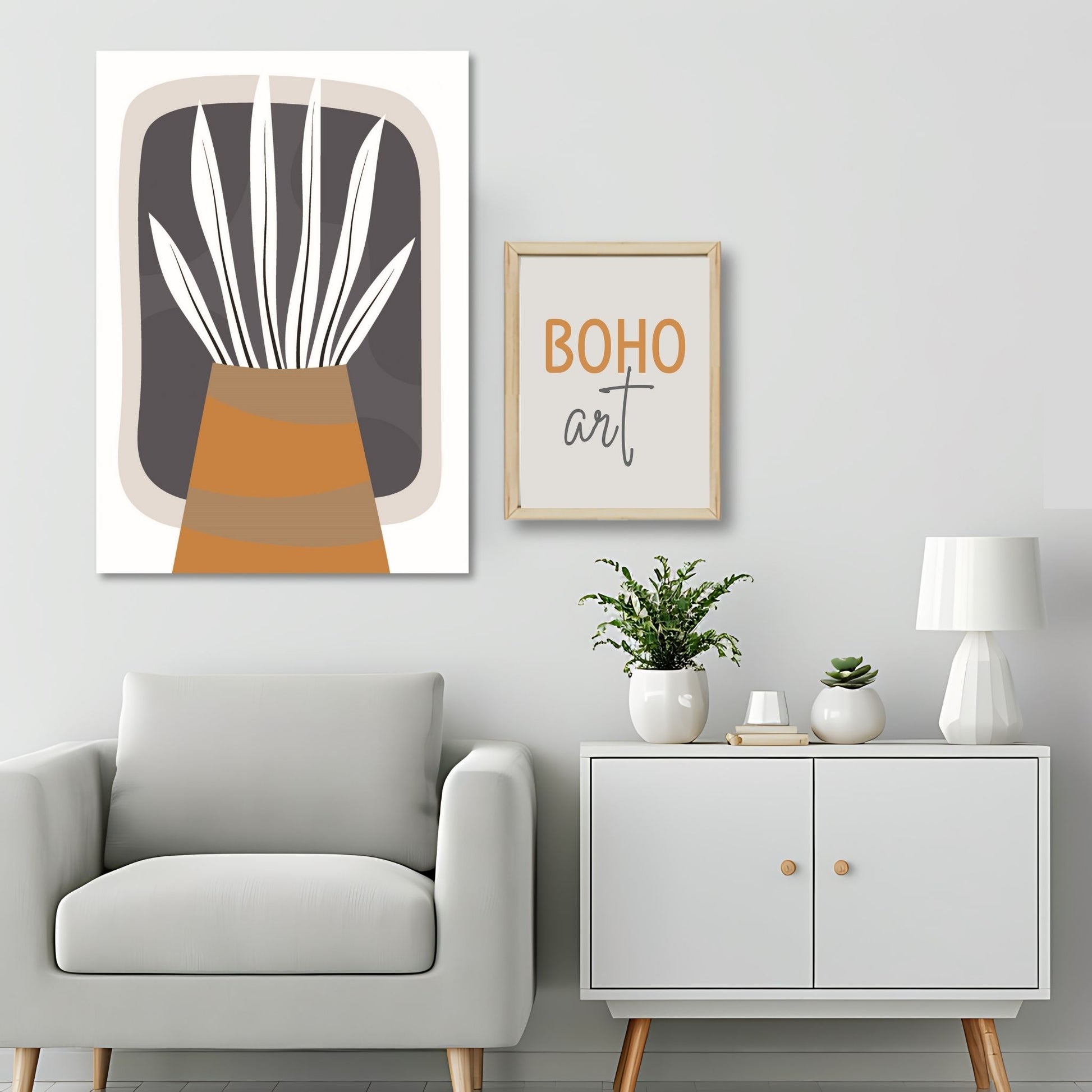 Dette kunstverket er inspirert av moderne minimalistisk design med innslag av naturlige former og fargetoner, perfekt for deg som ønsker å skape en varm og innbydende atmosfære. Illustrasjonsfoto viser motivet på lerret.