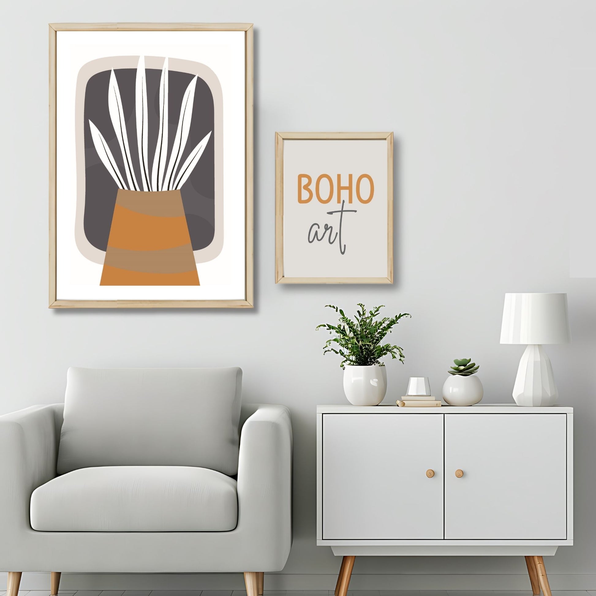 Dette kunstverket er inspirert av moderne minimalistisk design med innslag av naturlige former og fargetoner, perfekt for deg som ønsker å skape en varm og innbydende atmosfære. Illustrasjonsfoto viser motivet som plakat i lys ramme.