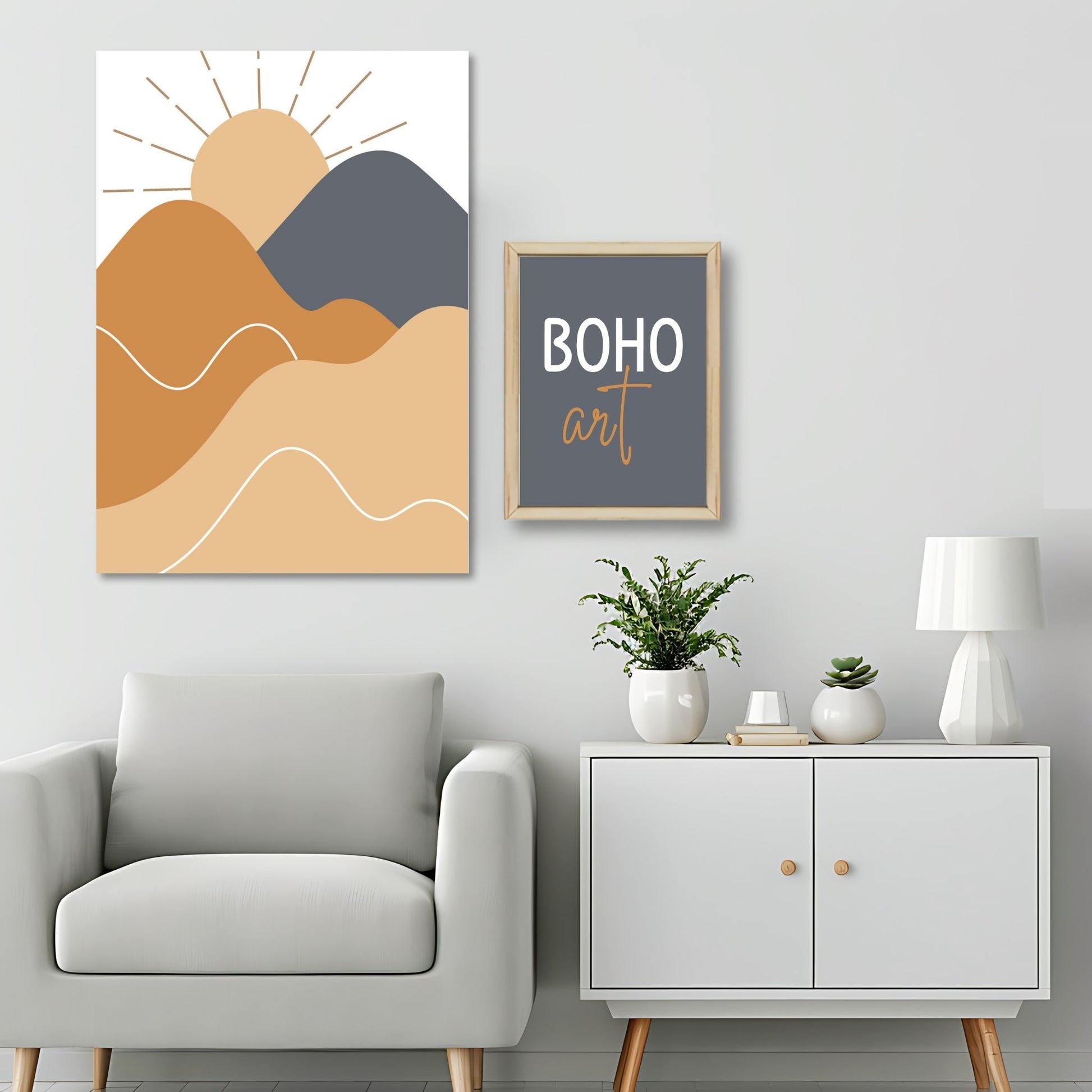 Dette kunstverket er inspirert av moderne minimalistisk design med innslag av naturlige former og fargetoner, perfekt for deg som ønsker å skape en varm og innbydende atmosfære. Illustrasjonsfoto viser motivet på lerret.