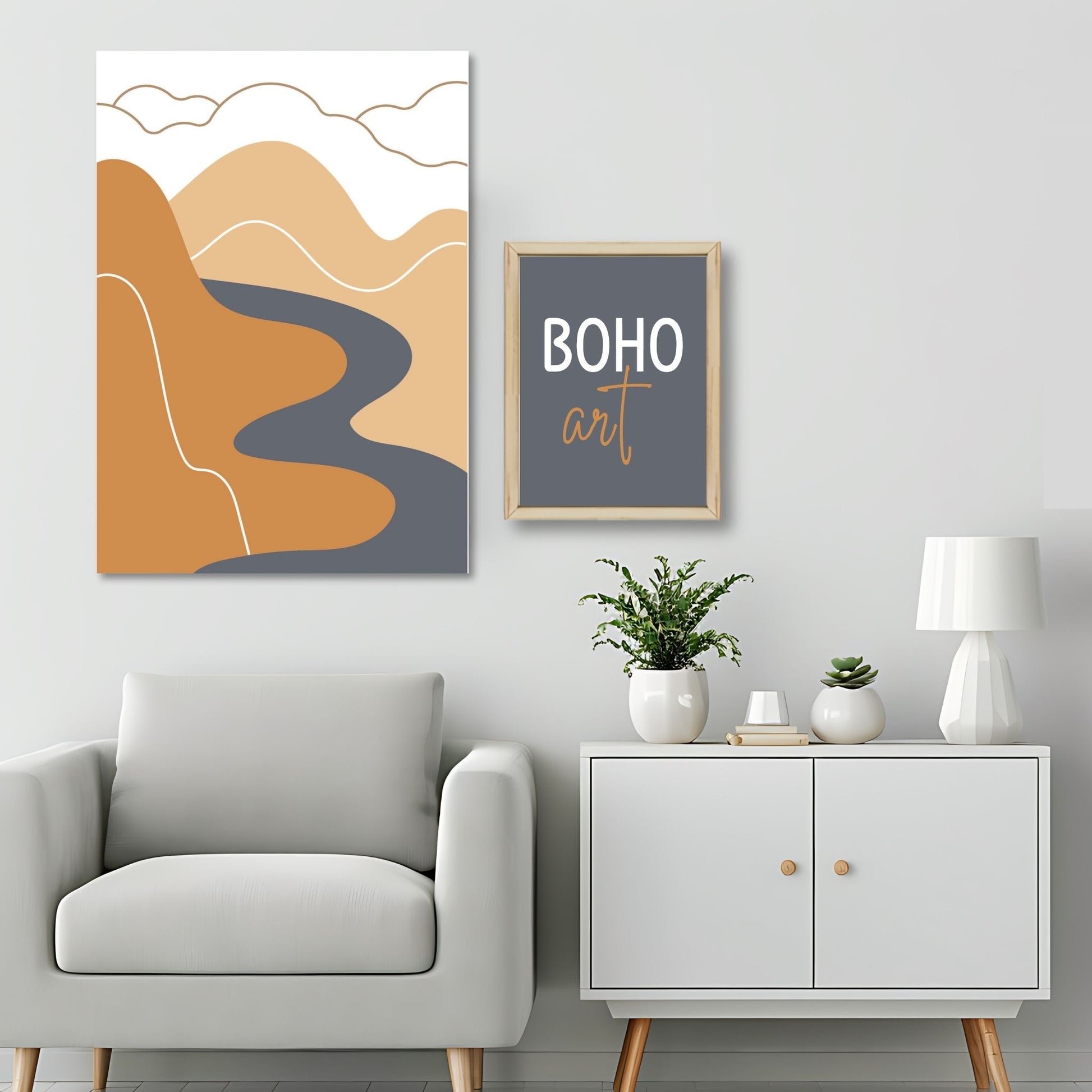 Dette kunstverket er inspirert av moderne minimalistisk design med innslag av naturlige former og fargetoner, perfekt for deg som ønsker å skape en varm og innbydende atmosfære. Illustrasjonsfoto viser motivet på lerret.
