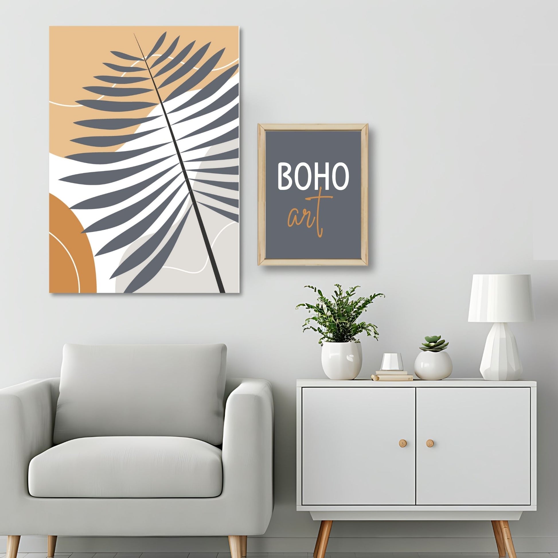 Dette kunstverket er inspirert av moderne minimalistisk design med innslag av naturlige former og fargetoner, perfekt for deg som ønsker å skape en varm og innbydende atmosfære. Illustrasjonsfoto viser motivet på lerret.
