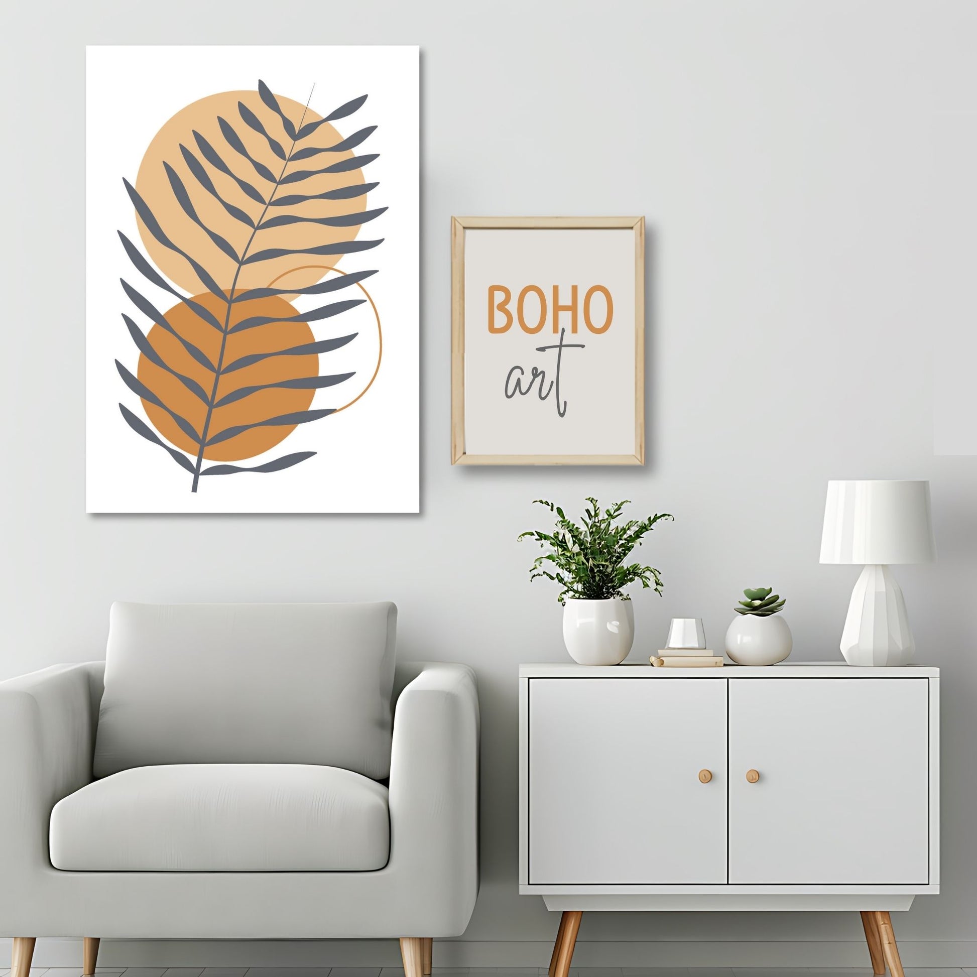 Dette kunstverket er inspirert av moderne minimalistisk design med innslag av naturlige former og fargetoner, perfekt for deg som ønsker å skape en varm og innbydende atmosfære. Illustrasjonsfoto viser motivet på lerret.