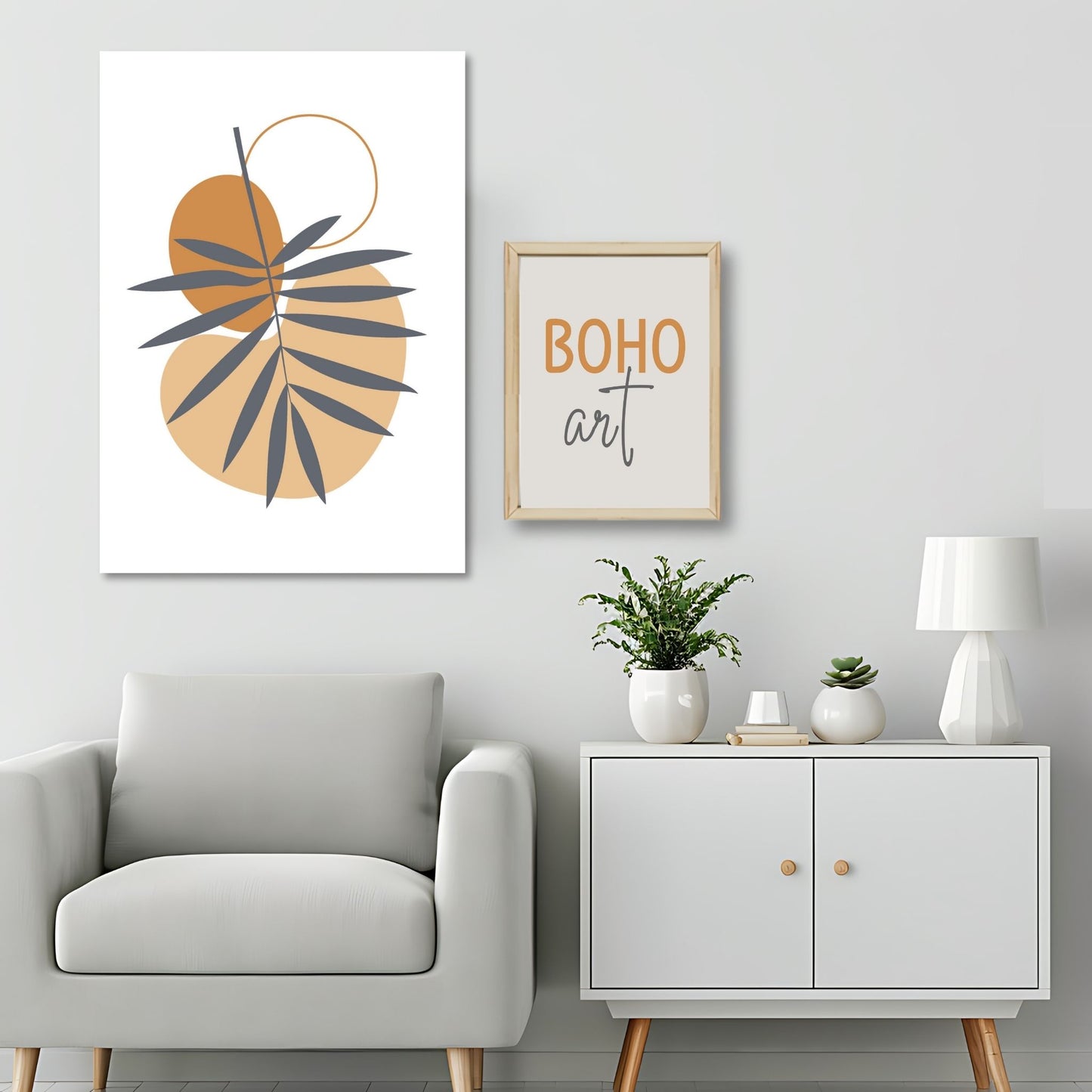 Dette kunstverket er inspirert av moderne minimalistisk design med innslag av naturlige former og fargetoner, perfekt for deg som ønsker å skape en varm og innbydende atmosfære. Illustrasjonsfoto viser motivet på lerret.