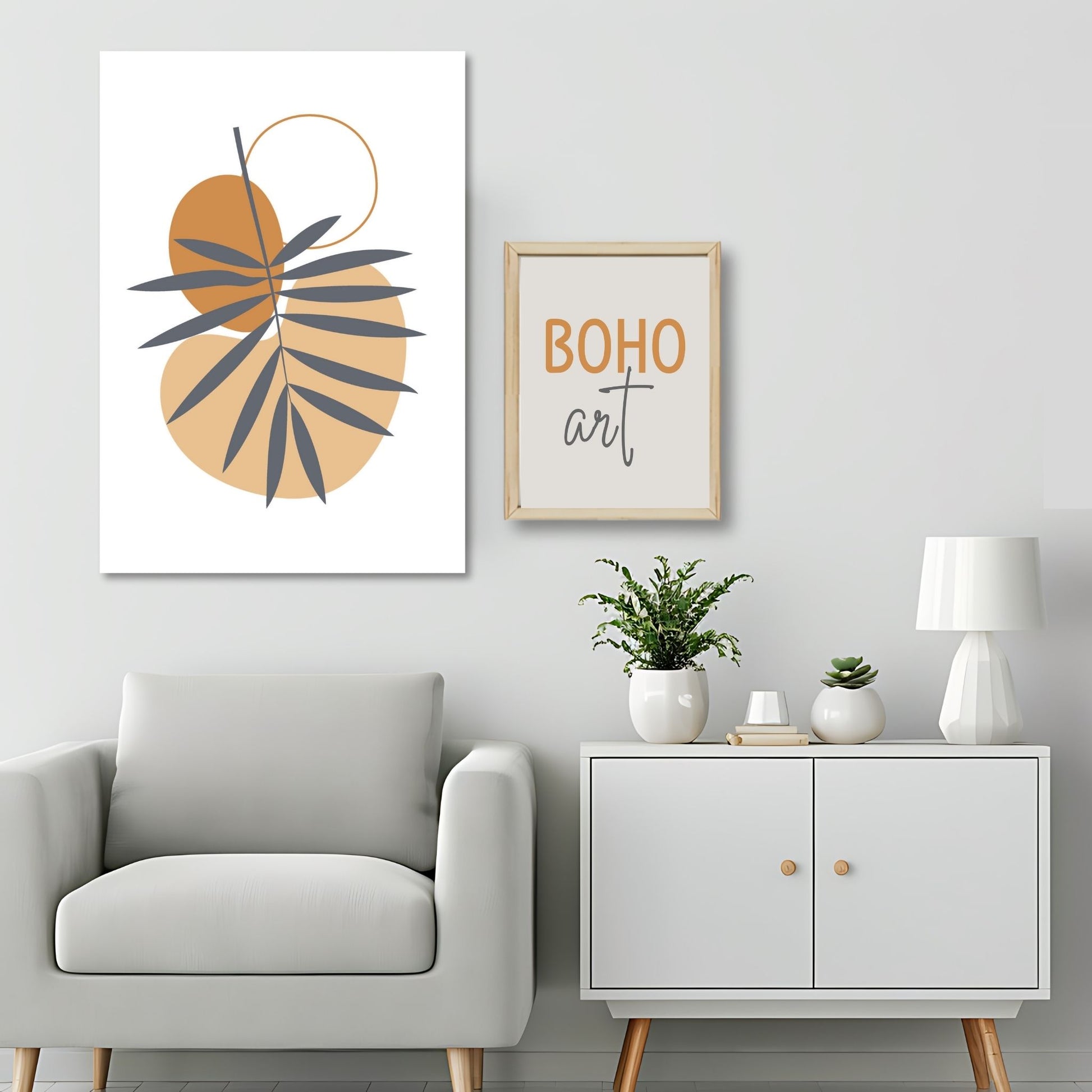 Dette kunstverket er inspirert av moderne minimalistisk design med innslag av naturlige former og fargetoner, perfekt for deg som ønsker å skape en varm og innbydende atmosfære. Illustrasjonsfoto viser motivet på lerret.