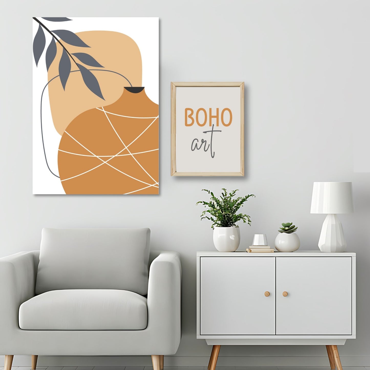 Dette kunstverket er inspirert av moderne minimalistisk design med innslag av naturlige former og fargetoner, perfekt for deg som ønsker å skape en varm og innbydende atmosfære. Illustrasjonsfoto viser motivet på lerret.