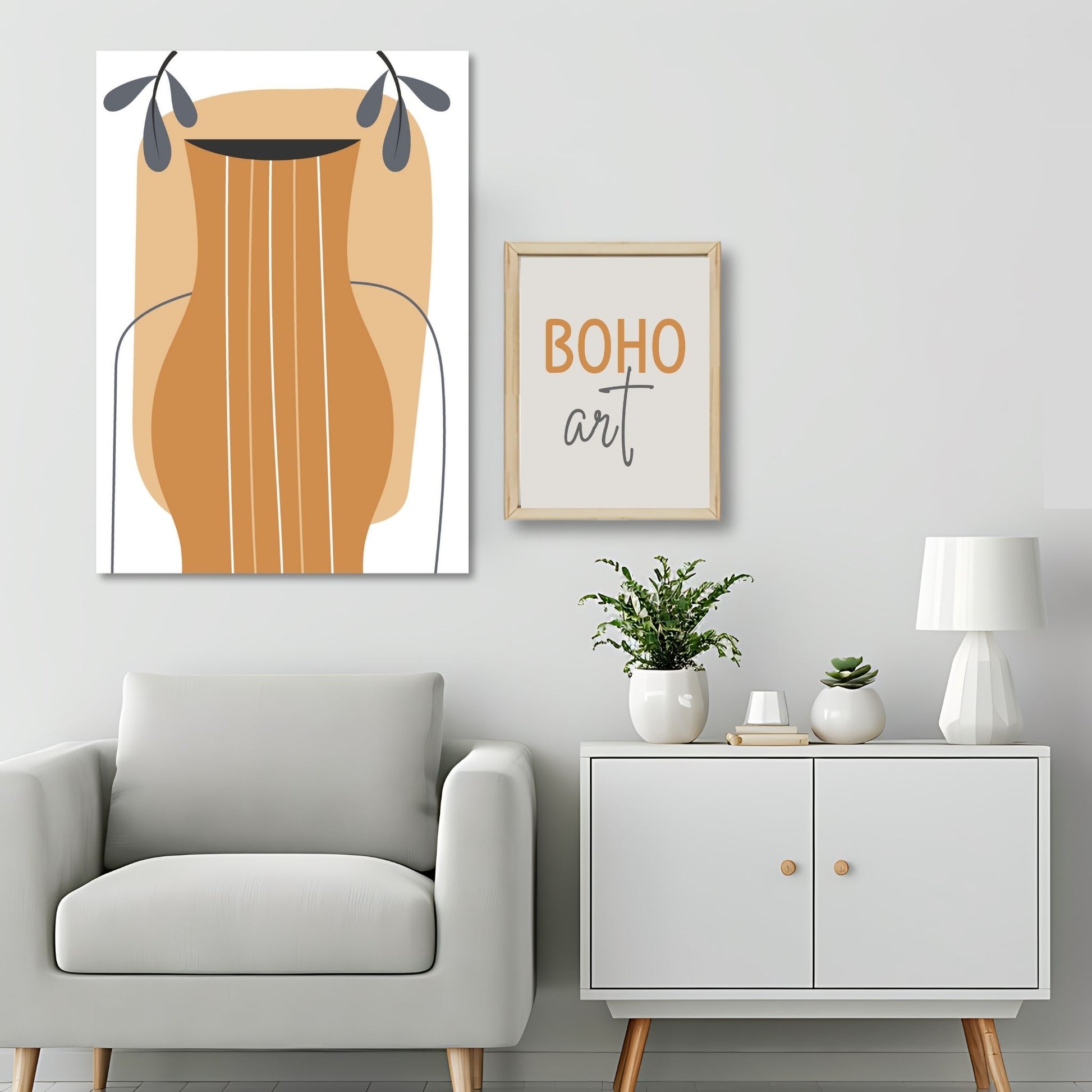 Dette kunstverket er inspirert av moderne minimalistisk design med innslag av naturlige former og fargetoner, perfekt for deg som ønsker å skape en varm og innbydende atmosfære. Illustrasjonsfoto viser motivet på lerret.