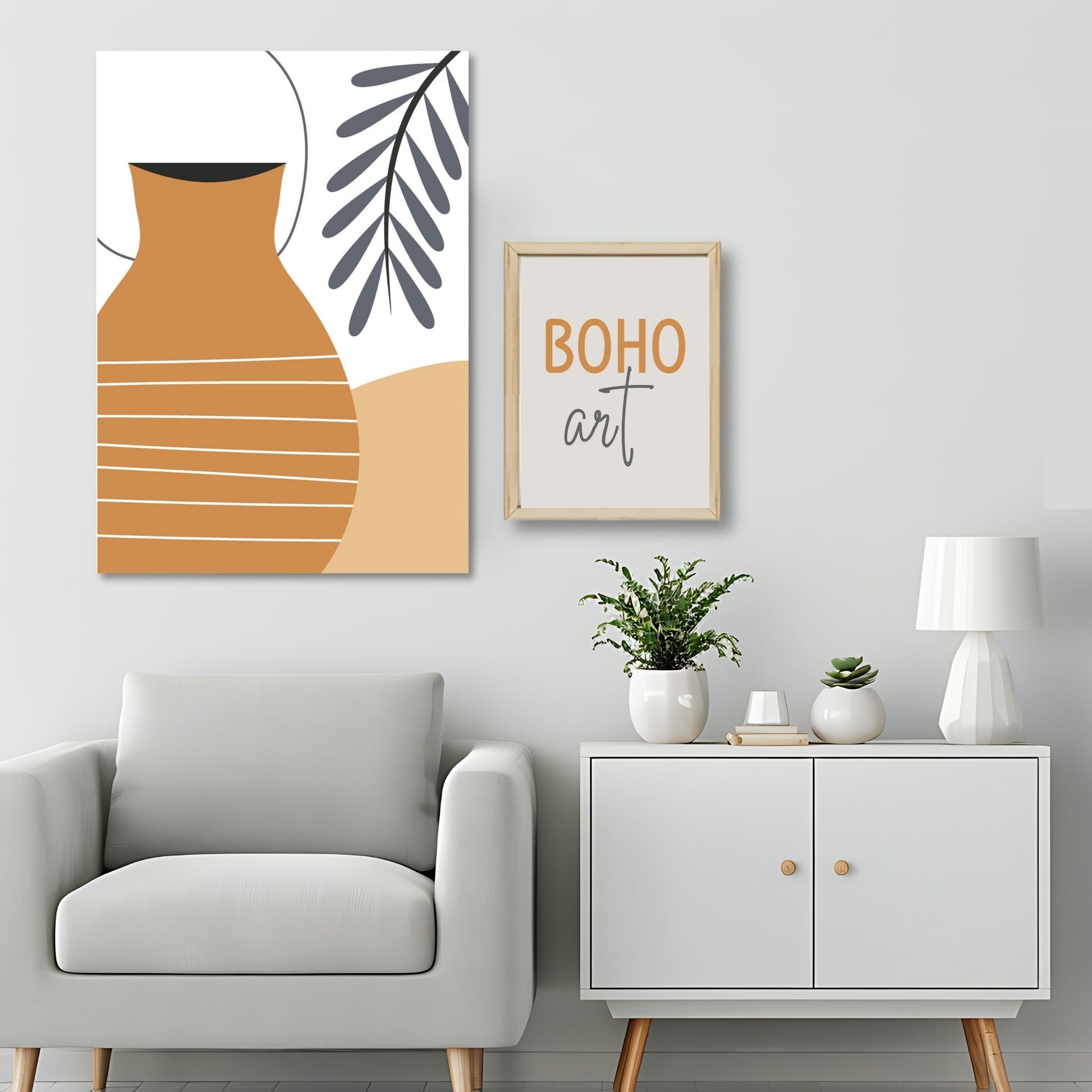 Dette kunstverket er inspirert av moderne minimalistisk design med innslag av naturlige former og fargetoner, perfekt for deg som ønsker å skape en varm og innbydende atmosfære. Illustrasjonsfoto viser motivet på lerret.