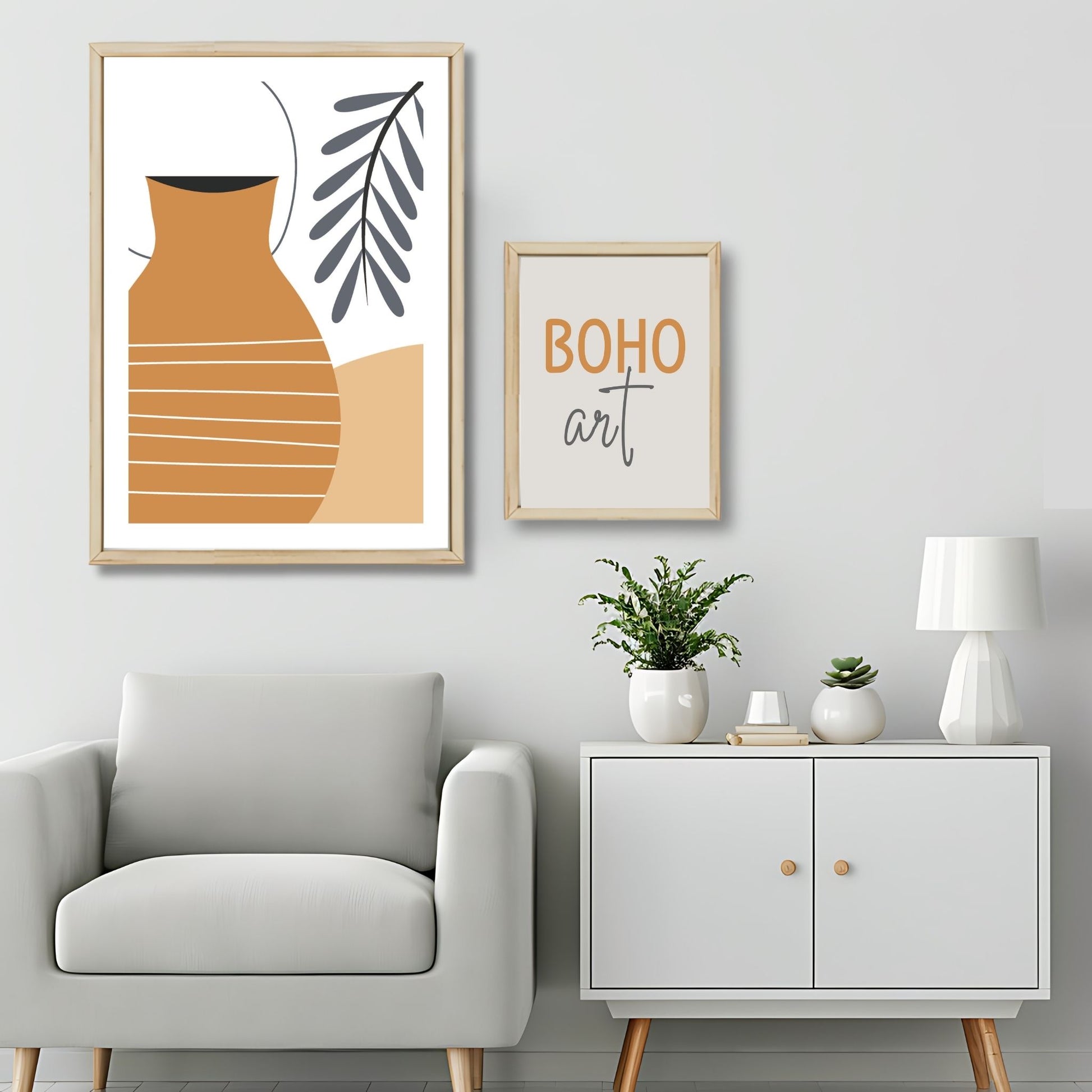 Dette kunstverket er inspirert av moderne minimalistisk design med innslag av naturlige former og fargetoner, perfekt for deg som ønsker å skape en varm og innbydende atmosfære. Illustrasjonsfoto viser motivet som plakat i lys ramme.