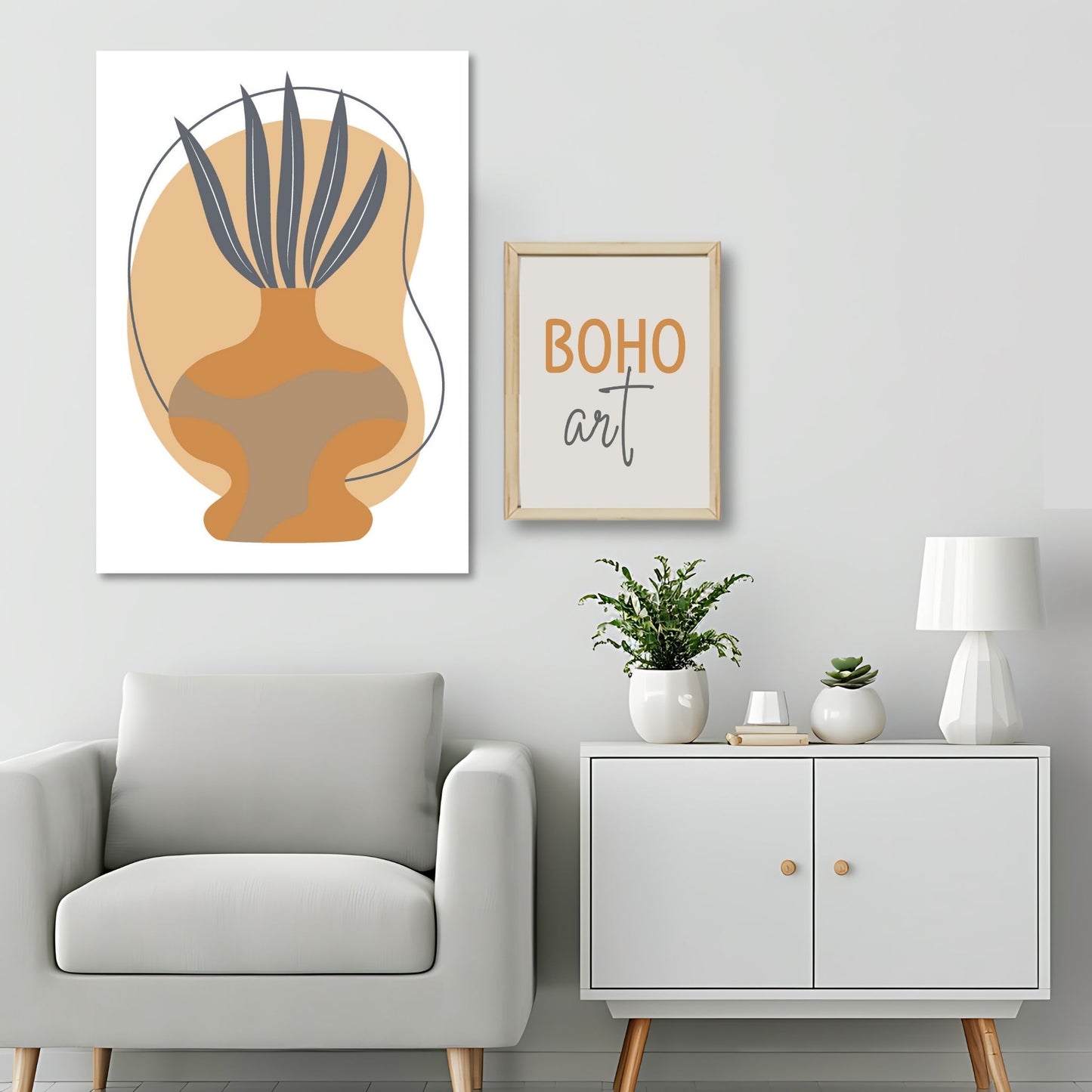 Dette kunstverket er inspirert av moderne minimalistisk design med innslag av naturlige former og fargetoner, perfekt for deg som ønsker å skape en varm og innbydende atmosfære. Illustrasjonsfoto viser motivet på lerret.