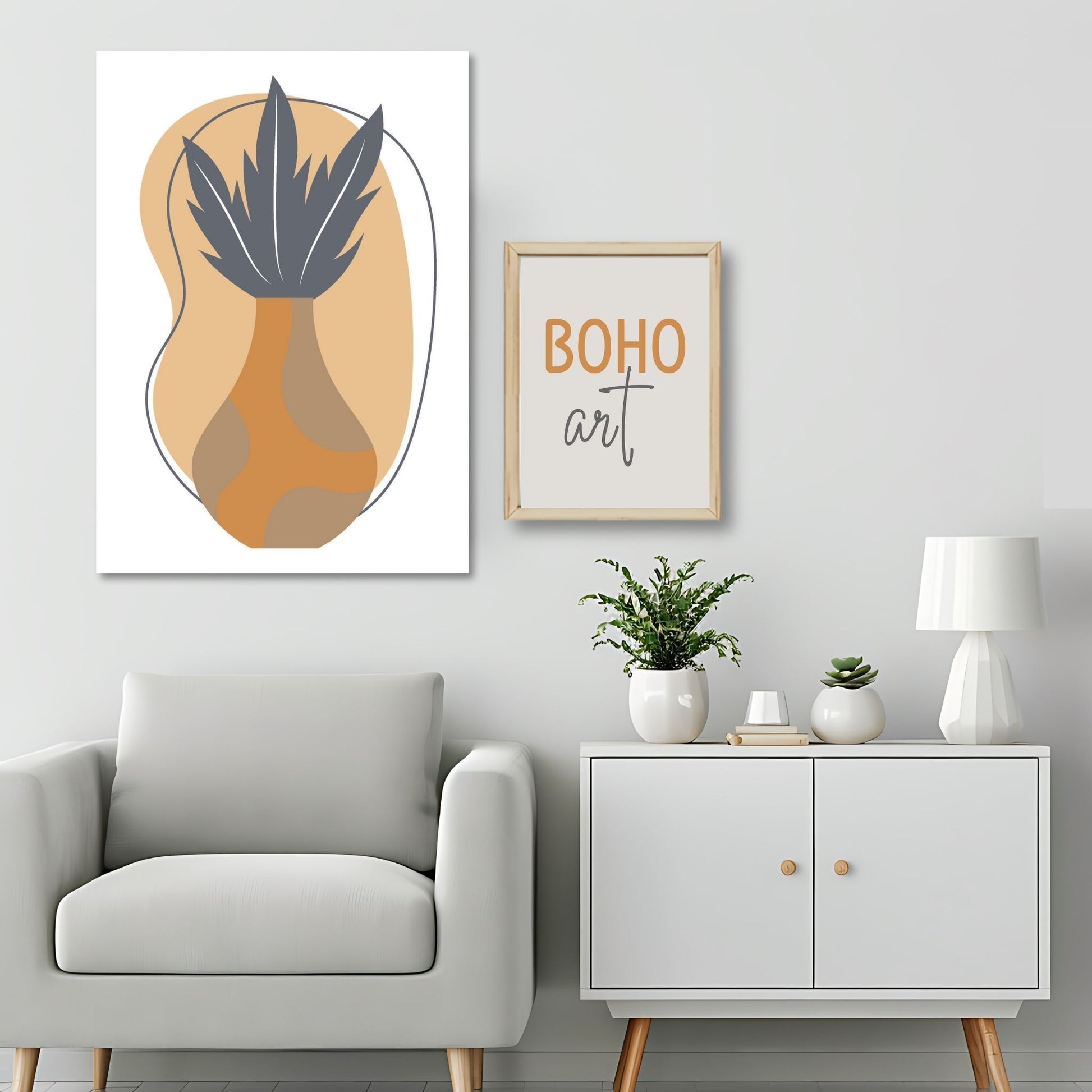 Dette kunstverket er inspirert av moderne minimalistisk design med innslag av naturlige former og fargetoner, perfekt for deg som ønsker å skape en varm og innbydende atmosfære. Illustrasjonsfoto viser motivet på lerret.