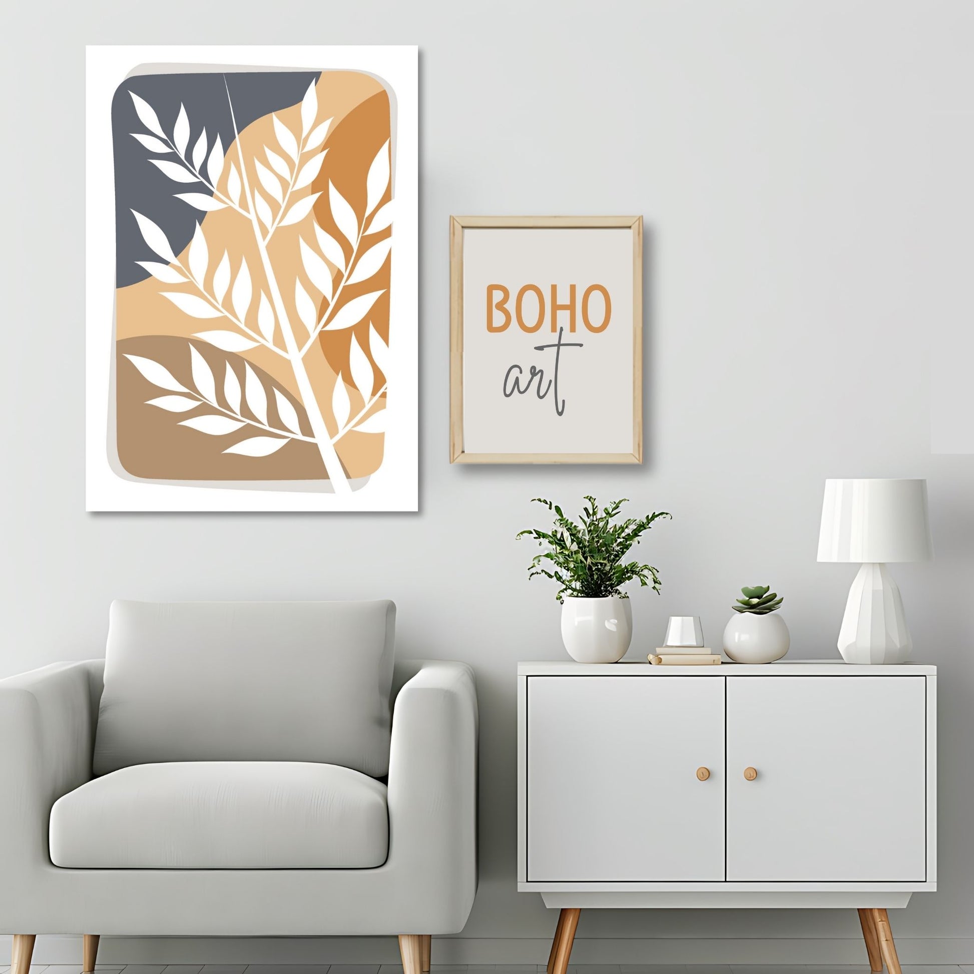 Dette kunstverket er inspirert av moderne minimalistisk design med innslag av naturlige former og fargetoner, perfekt for deg som ønsker å skape en varm og innbydende atmosfære. Illustrasjonsfoto viser motivet på lerret.