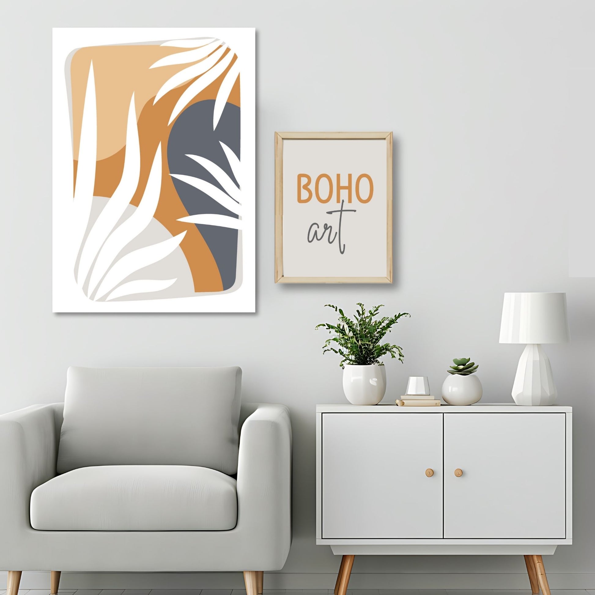 Dette kunstverket er inspirert av moderne minimalistisk design med innslag av naturlige former og fargetoner, perfekt for deg som ønsker å skape en varm og innbydende atmosfære. Illustrasjonsfoto viser motivet på lerret.