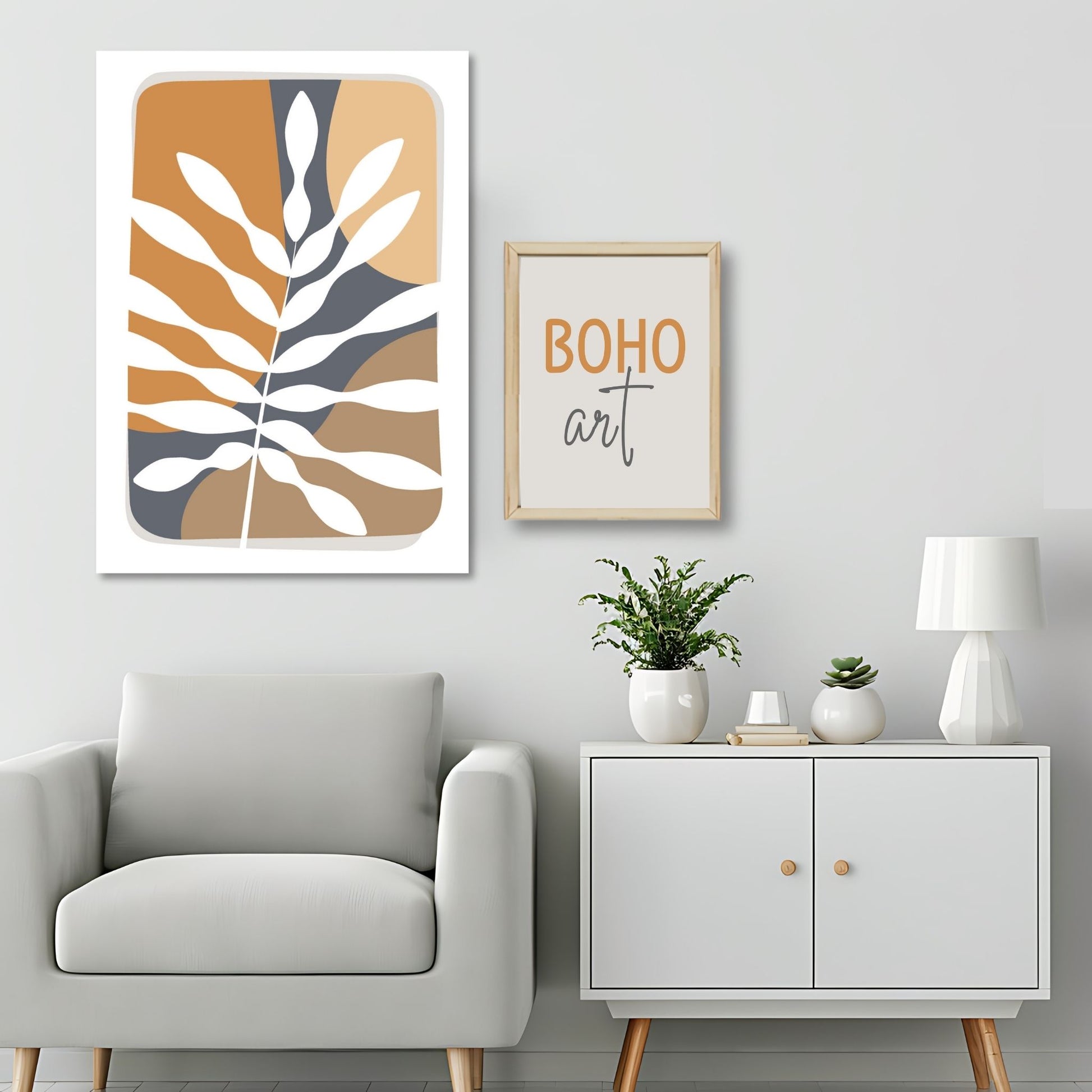 Dette kunstverket er inspirert av moderne minimalistisk design med innslag av naturlige former og fargetoner, perfekt for deg som ønsker å skape en varm og innbydende atmosfære. Illustrasjonsfoto viser motivet på lerret.