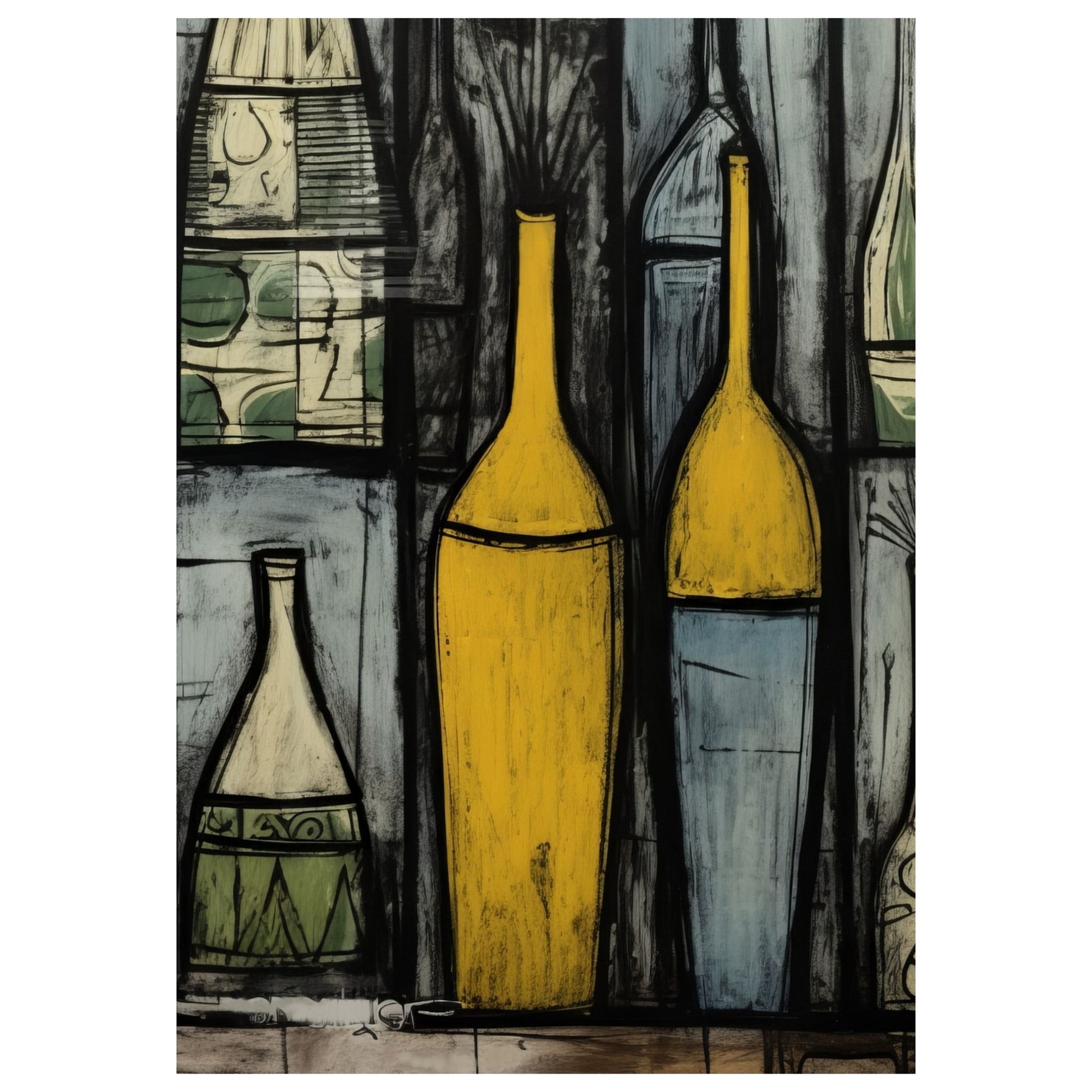 Grafisk motiv på lerret med dekorative flasker i ulike størrelser og fasonger. Motivet har oker, lyseblå, grå og sort som hovedfarger, og innslag av beige og grønne felter. 