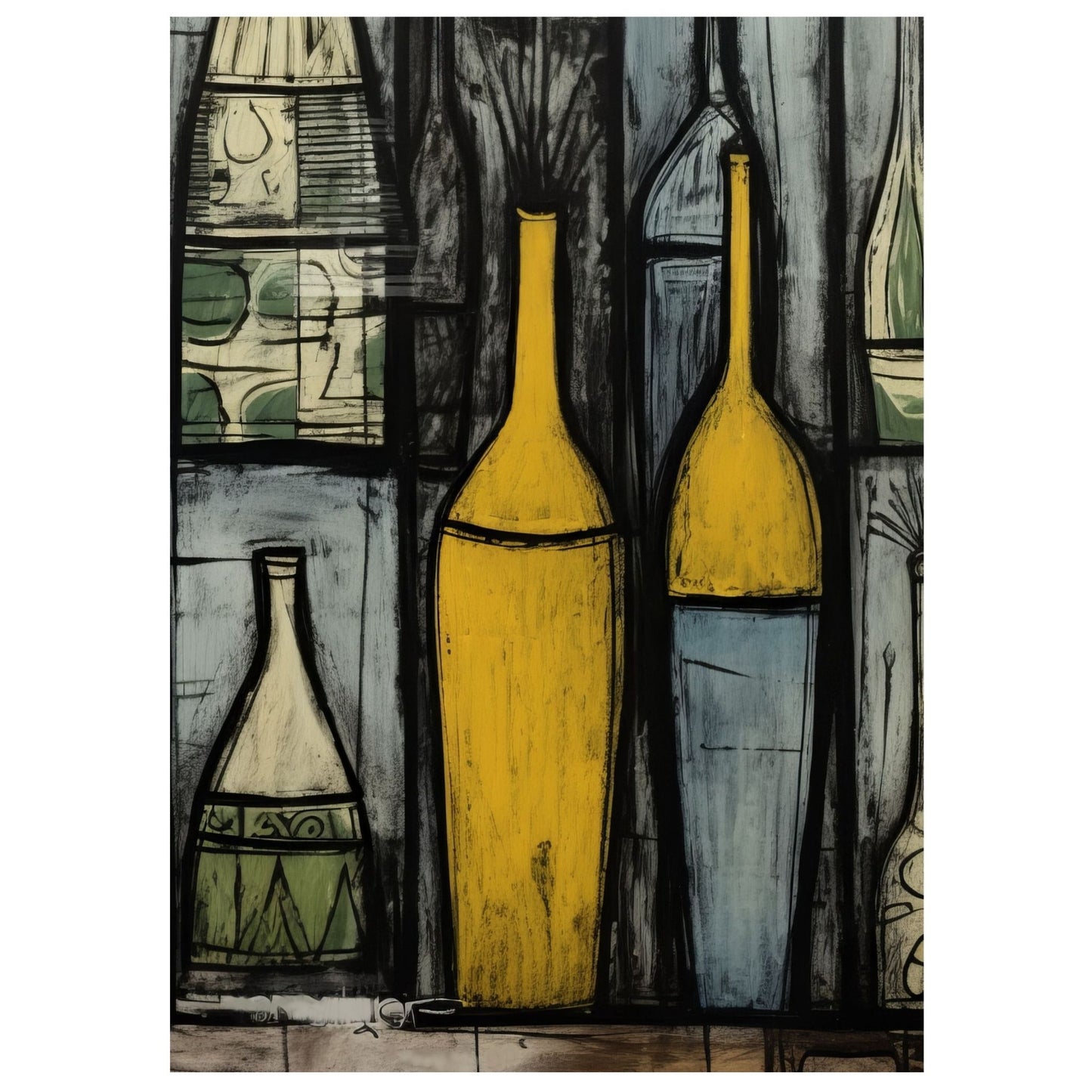Grafisk motiv på lerret med dekorative flasker i ulike størrelser og fasonger. Motivet har oker, lyseblå, grå og sort som hovedfarger, og innslag av beige og grønne felter. 