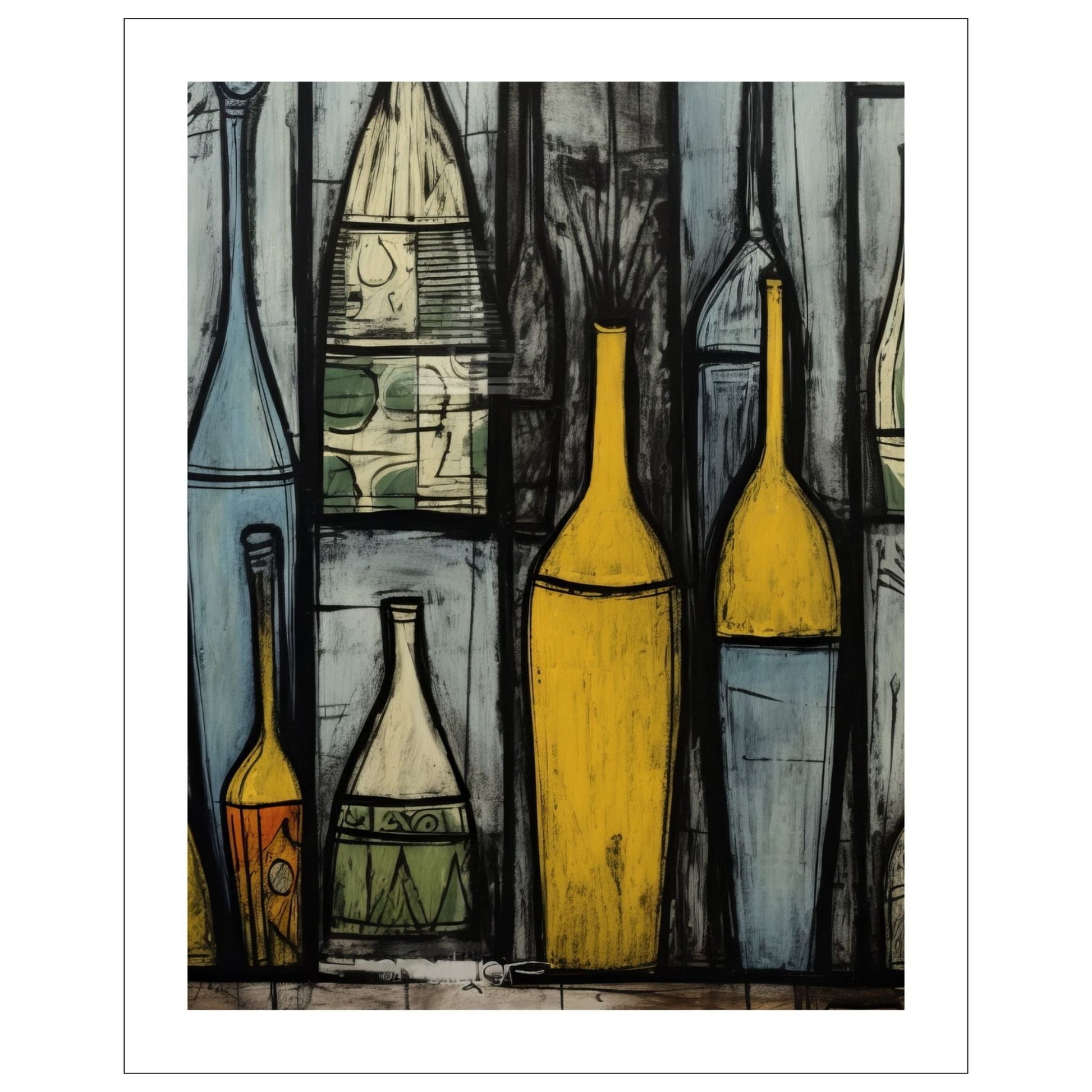 Grafisk plakatmotiv med dekorative flasker i ulike størrelser og fasonger. Motivet har oker, lyseblå, grå og sort som hovedfarger, og innslag av beige og grønne felter. 