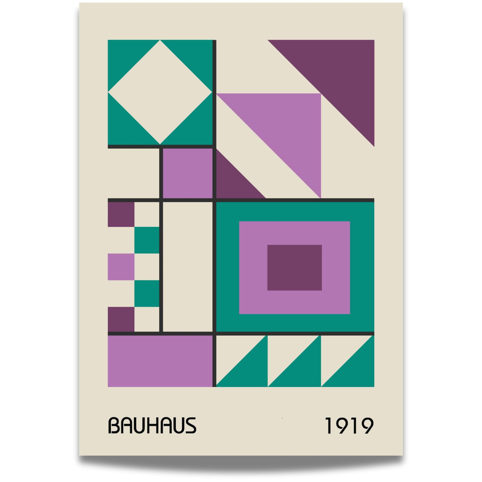 Denne geometriske Bauhaus-inspirerte plakaten kombinerer abstrakte former, rene linjer og en balansert fargepalett i lilla, grønt og svart for å skape en tidløs og elegant veggdekorasjon.