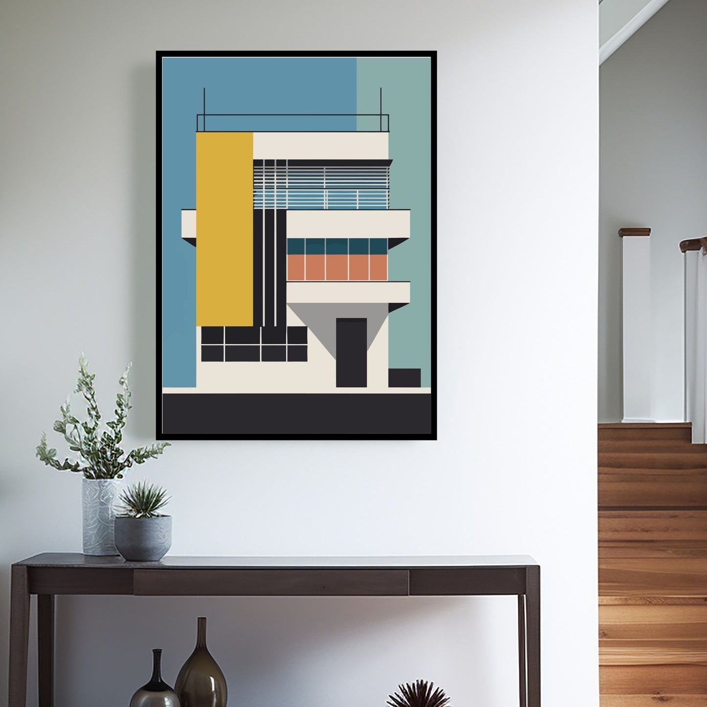 Oppdag den tidløse estetikken med Bauhaus Geometric Art – en moderne tolkning av arkitektoniske former, geometriske mønstre og abstrakte komposisjoner. Illustrasjon viser motivet som plakat i sort ramme.