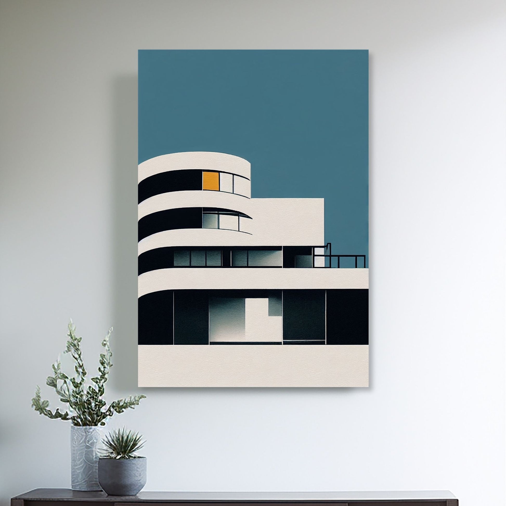 Oppdag den tidløse estetikken med Bauhaus Geometric Art – en moderne tolkning av arkitektoniske former, geometriske mønstre og abstrakte komposisjoner. Illustrasjon viser motivet på lerret.