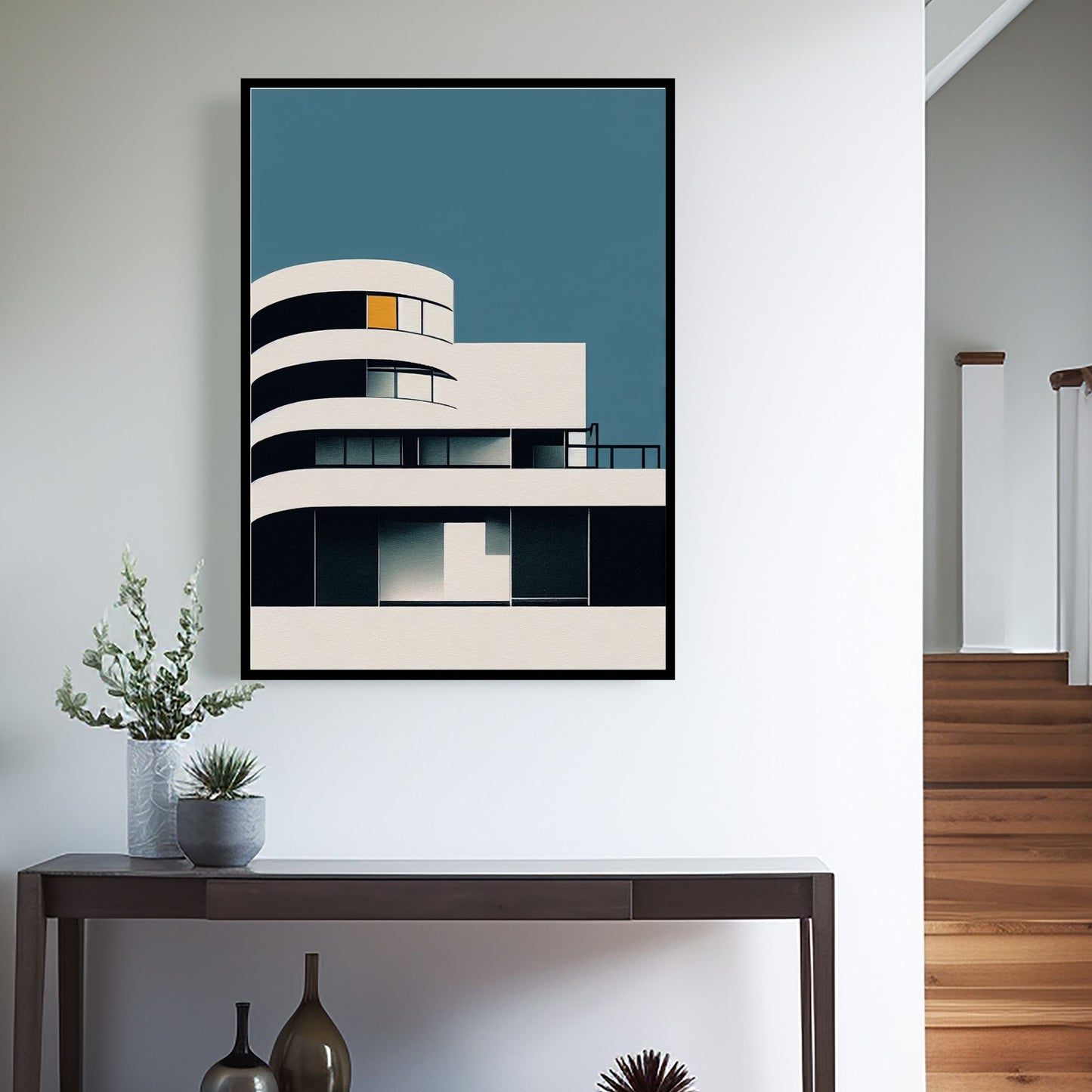 Oppdag den tidløse estetikken med Bauhaus Geometric Art – en moderne tolkning av arkitektoniske former, geometriske mønstre og abstrakte komposisjoner. Illustrasjon viser motivet som plakat i sort ramme.