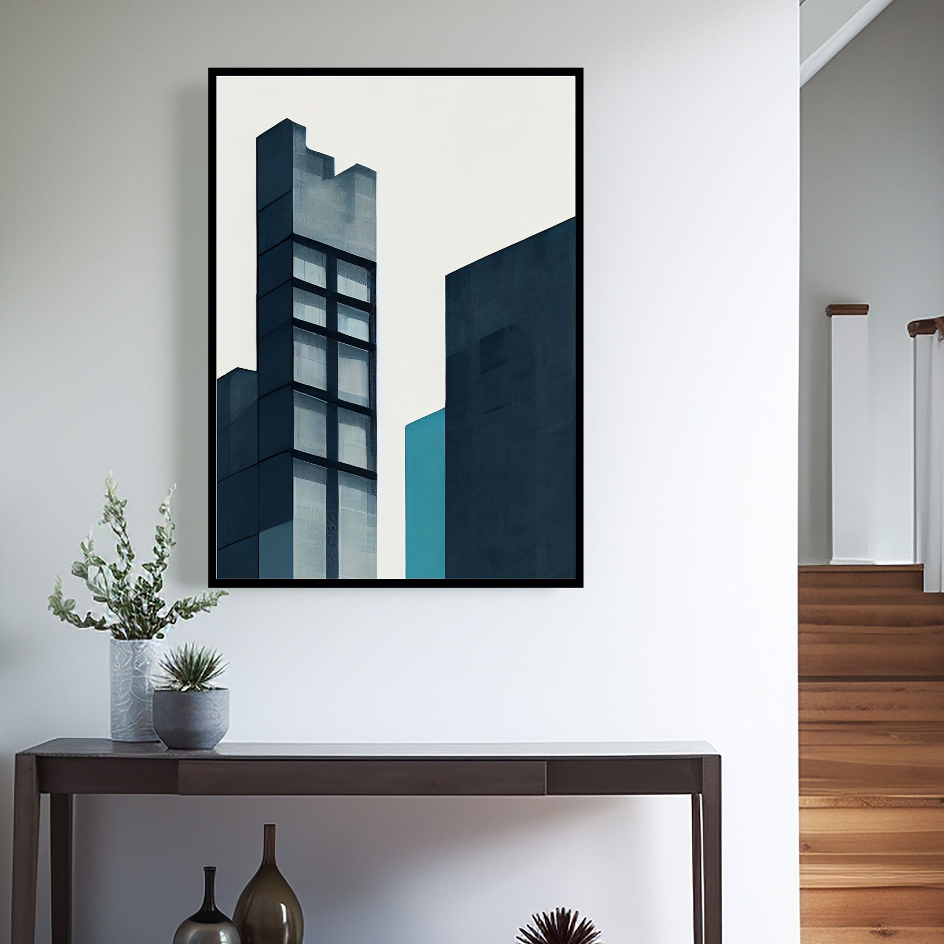Oppdag den tidløse estetikken med Bauhaus Geometric Art – en moderne tolkning av arkitektoniske former, geometriske mønstre og abstrakte komposisjoner. Illustrasjon viser motivet som plakat i sort ramme.