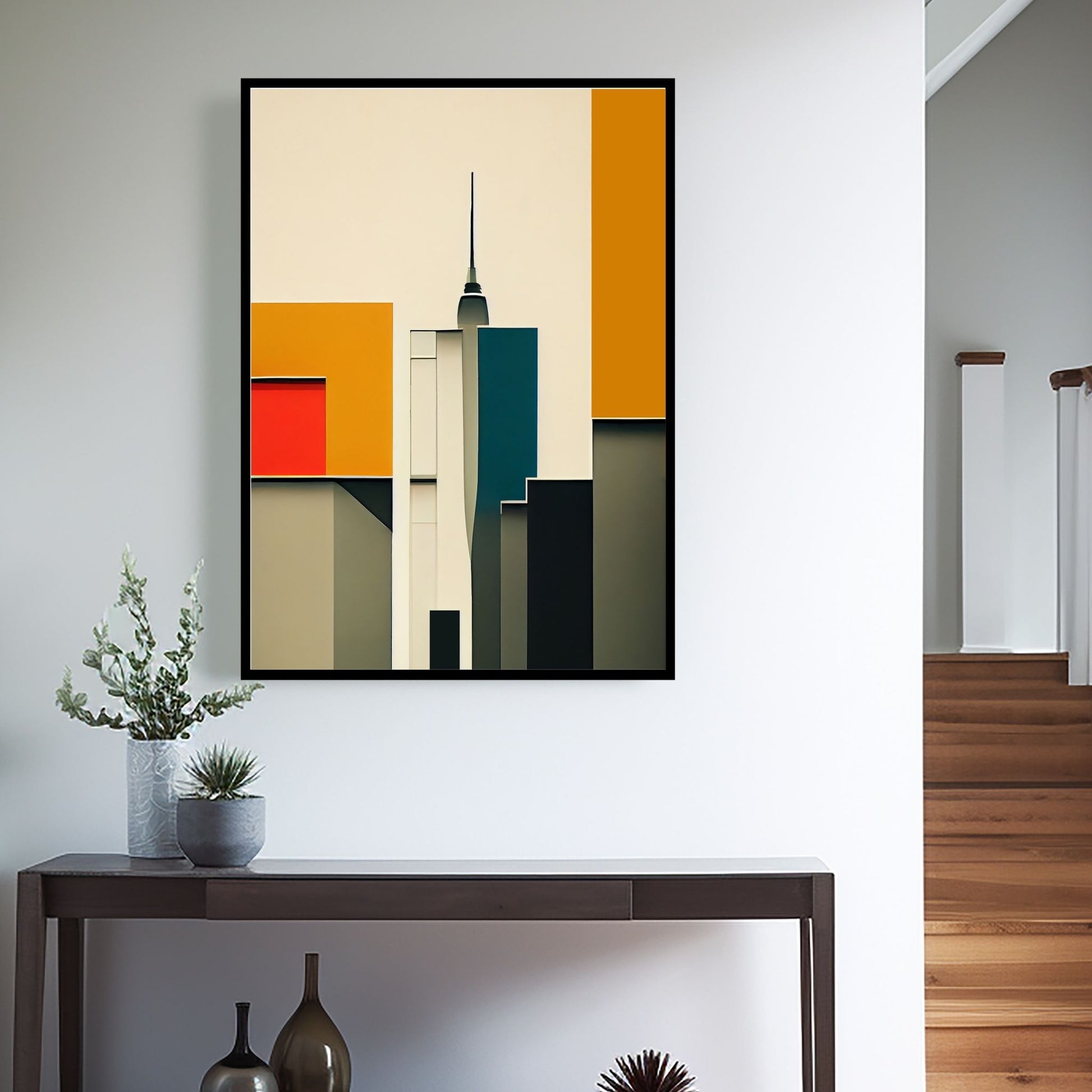 Oppdag den tidløse estetikken med Bauhaus Geometric Art – en moderne tolkning av arkitektoniske former, geometriske mønstre og abstrakte komposisjoner. Illustrasjon viser motivet som plakat i sort ramme.