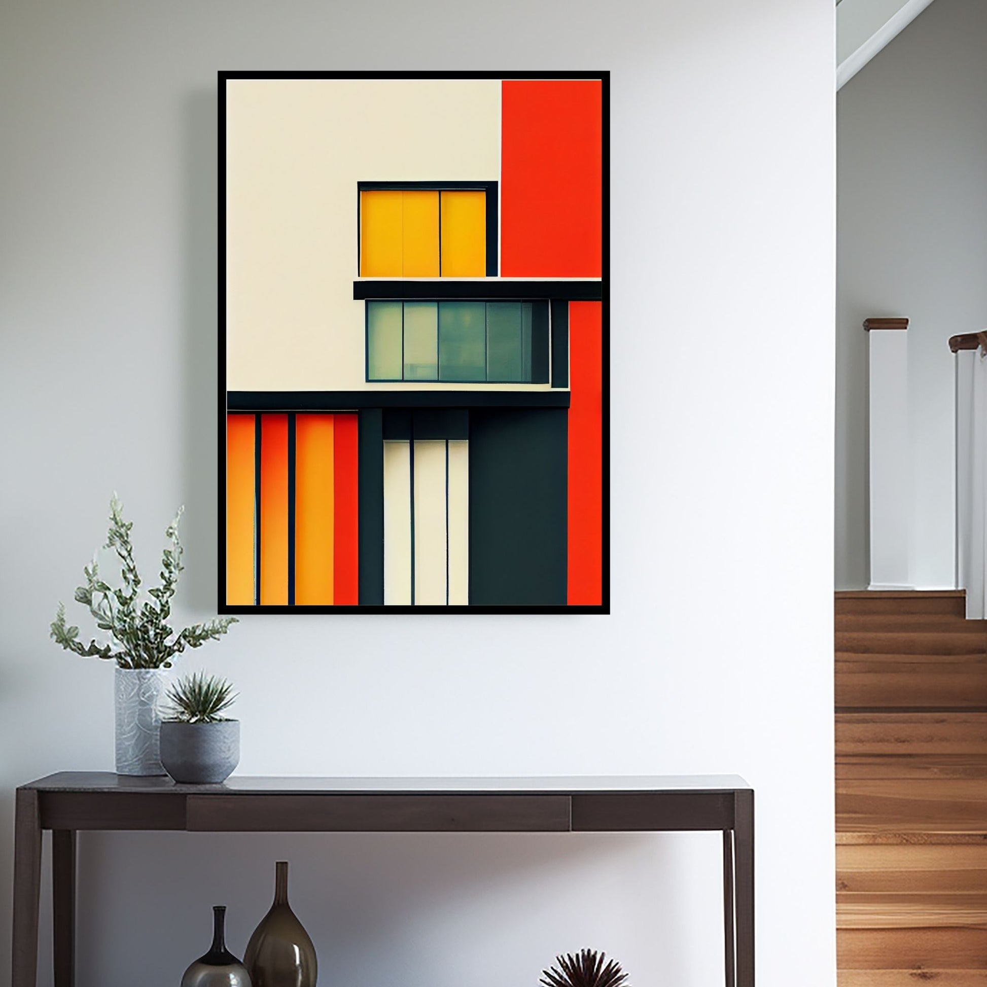 Oppdag den tidløse estetikken med Bauhaus Geometric Art – en moderne tolkning av arkitektoniske former, geometriske mønstre og abstrakte komposisjoner. Illustrasjon viser motivet som plakat i sort ramme.