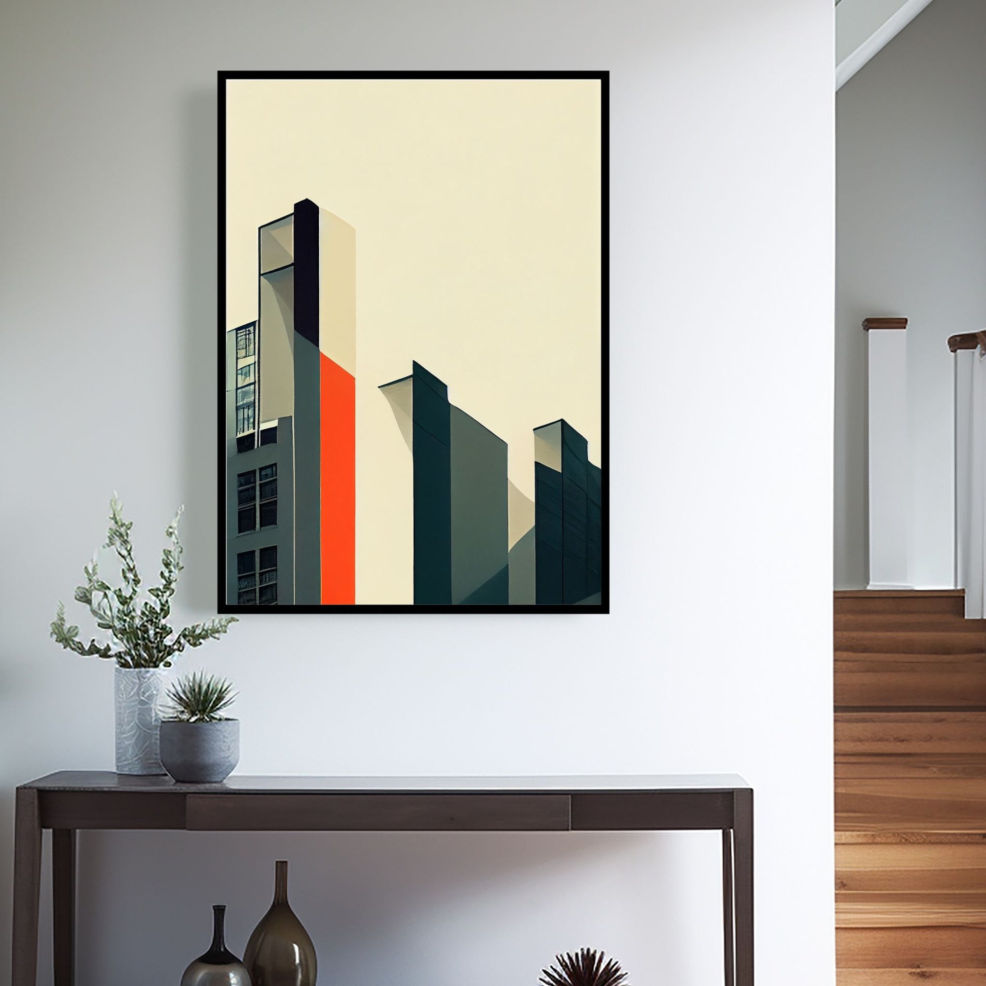 Oppdag den tidløse estetikken med Bauhaus Geometric Art – en moderne tolkning av arkitektoniske former, geometriske mønstre og abstrakte komposisjoner. Illustrasjon viser motivet som plakat i sort ramme.