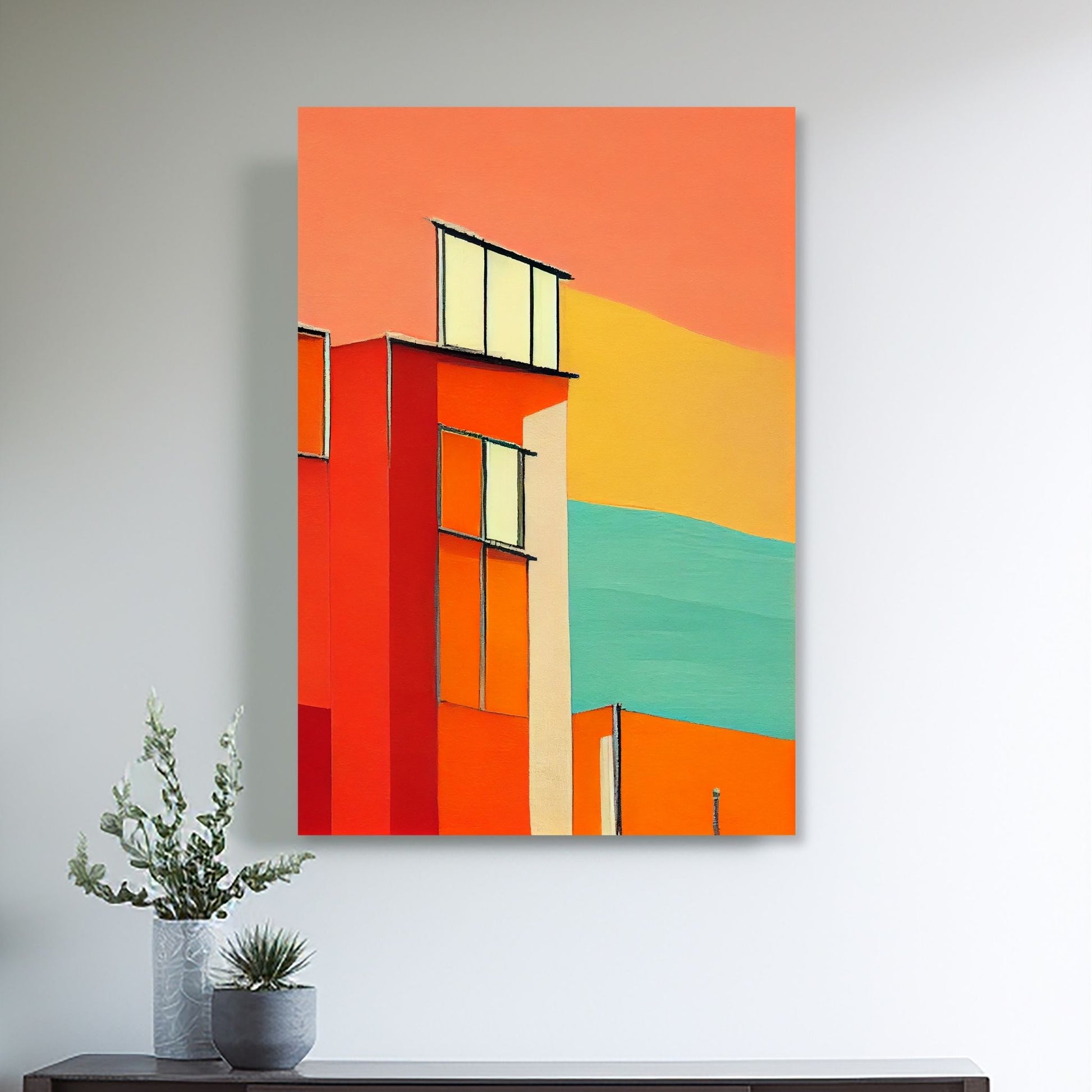 Oppdag den tidløse estetikken med Bauhaus Geometric Art – en moderne tolkning av arkitektoniske former, geometriske mønstre og abstrakte komposisjoner. Illustrasjon viser motivet på lerret.