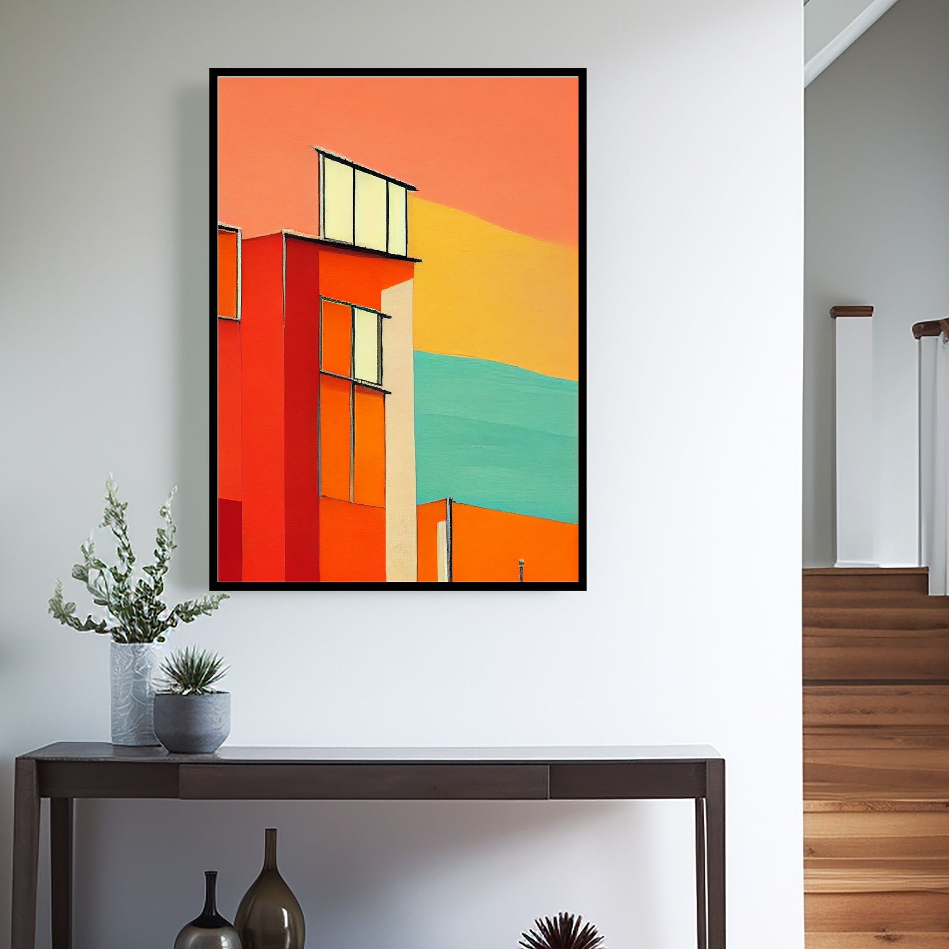 Oppdag den tidløse estetikken med Bauhaus Geometric Art – en moderne tolkning av arkitektoniske former, geometriske mønstre og abstrakte komposisjoner. Illustrasjon viser motivet som plakat i sort ramme.