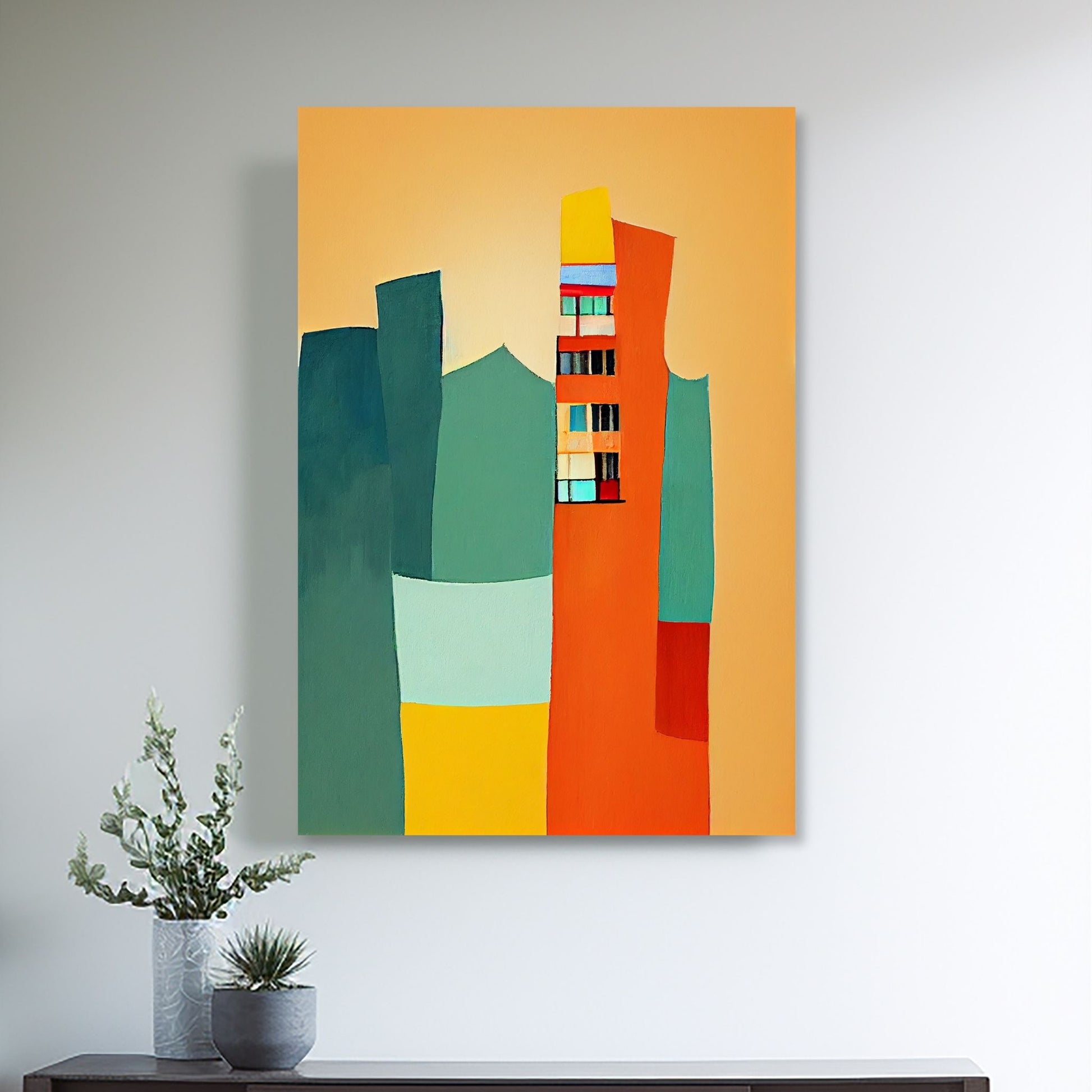 Oppdag den tidløse estetikken med Bauhaus Geometric Art – en moderne tolkning av arkitektoniske former, geometriske mønstre og abstrakte komposisjoner. Illustrasjon viser motivet på lerret.