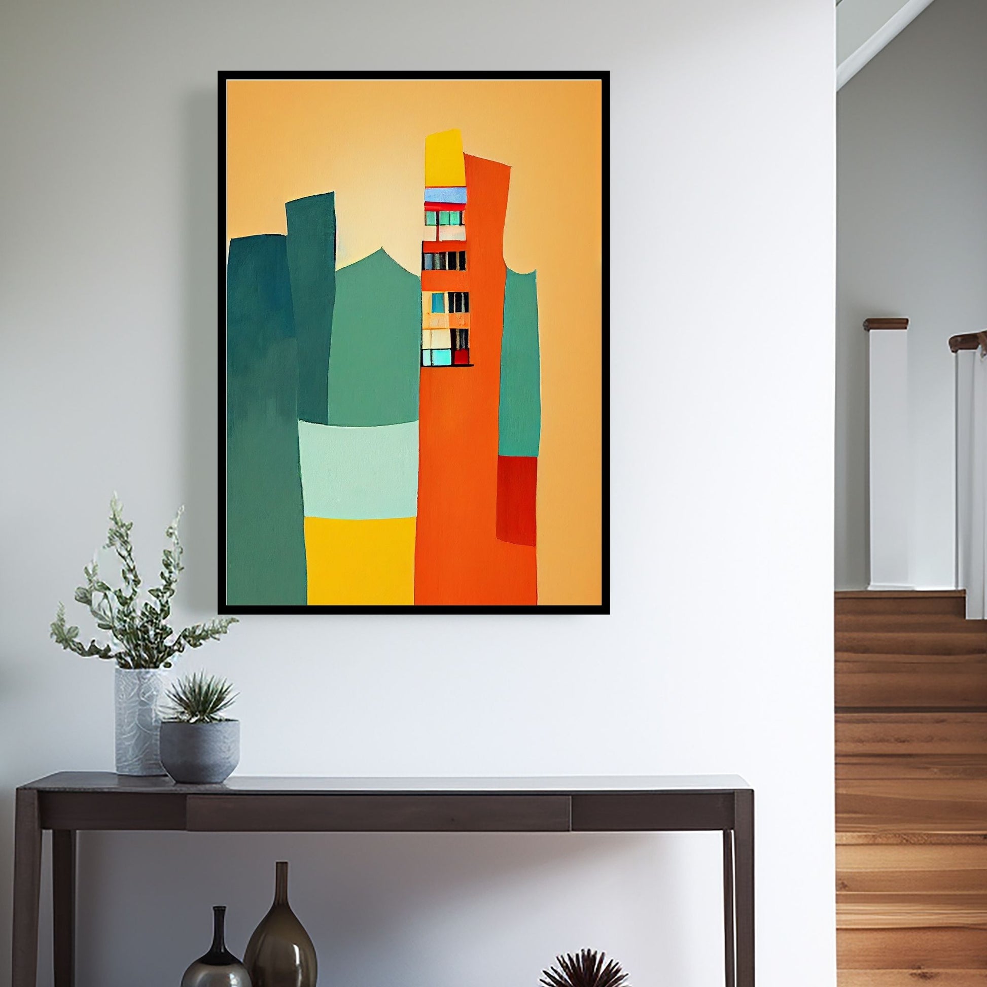 Oppdag den tidløse estetikken med Bauhaus Geometric Art – en moderne tolkning av arkitektoniske former, geometriske mønstre og abstrakte komposisjoner. Illustrasjon viser motivet som plakat i sort ramme.