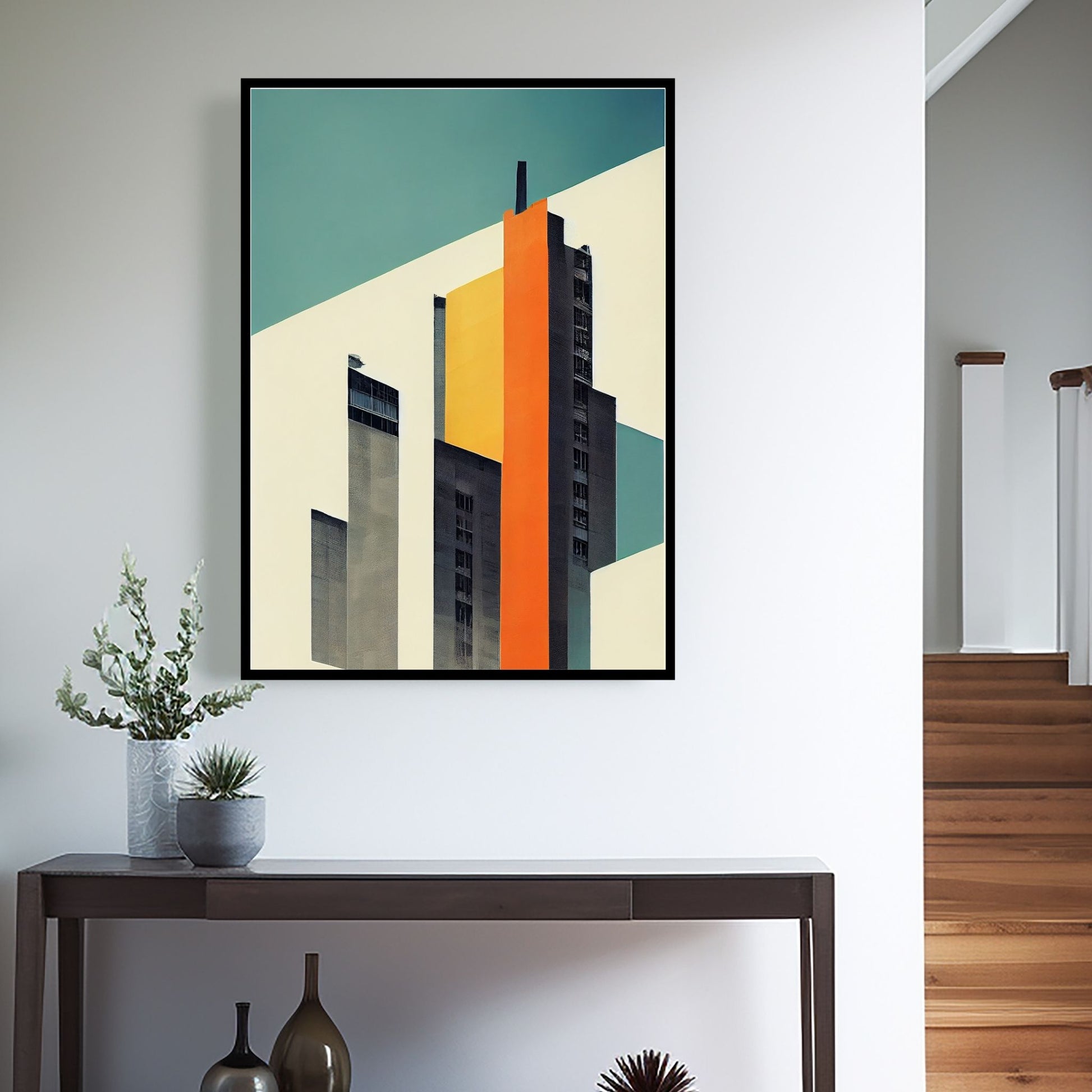 Oppdag den tidløse estetikken med Bauhaus Geometric Art – en moderne tolkning av arkitektoniske former, geometriske mønstre og abstrakte komposisjoner. Illustrasjon viser motivet som plakat i sort ramme.