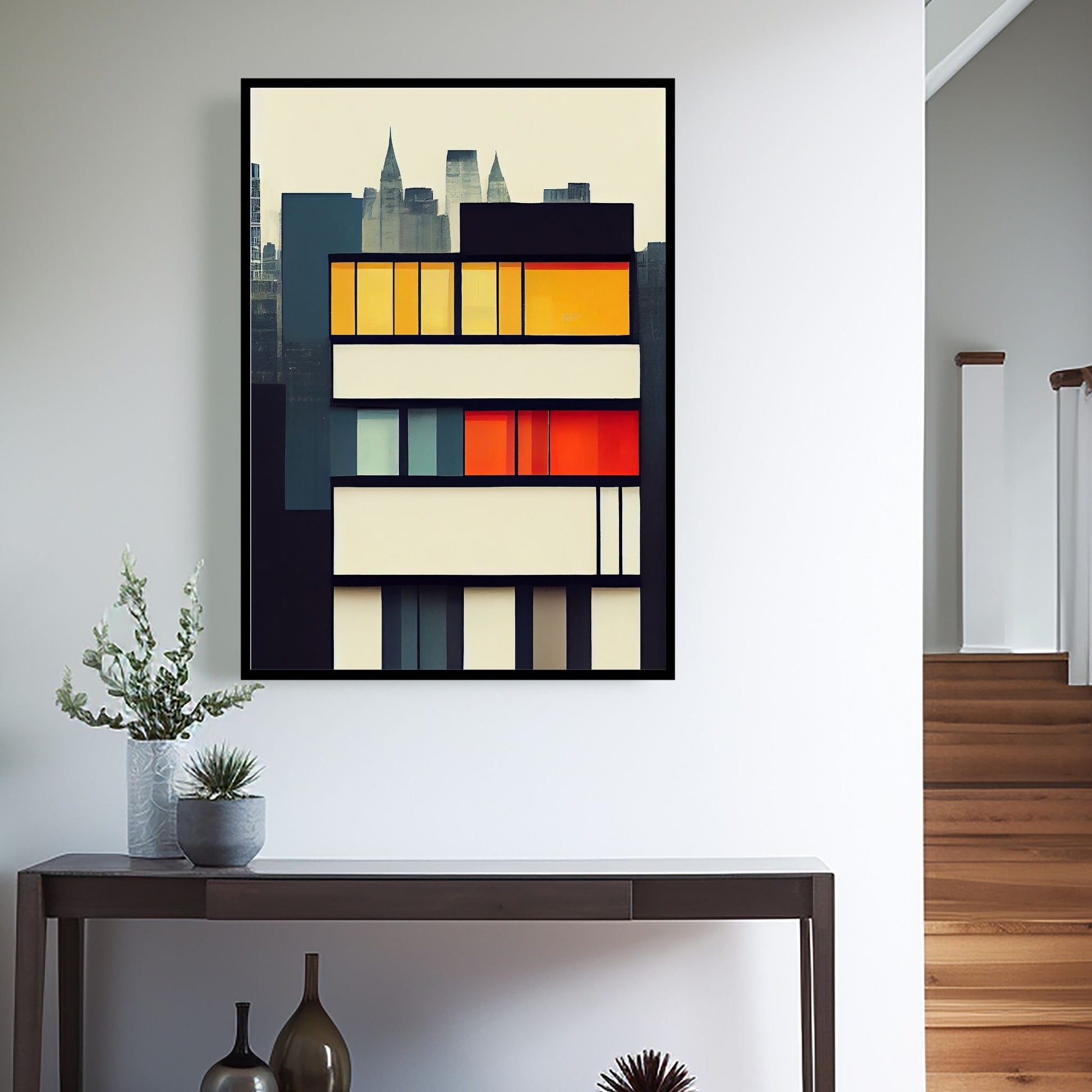 Oppdag den tidløse estetikken med Bauhaus Geometric Art – en moderne tolkning av arkitektoniske former, geometriske mønstre og abstrakte komposisjoner. Illustrasjon viser motivet som plakat i sort ramme.