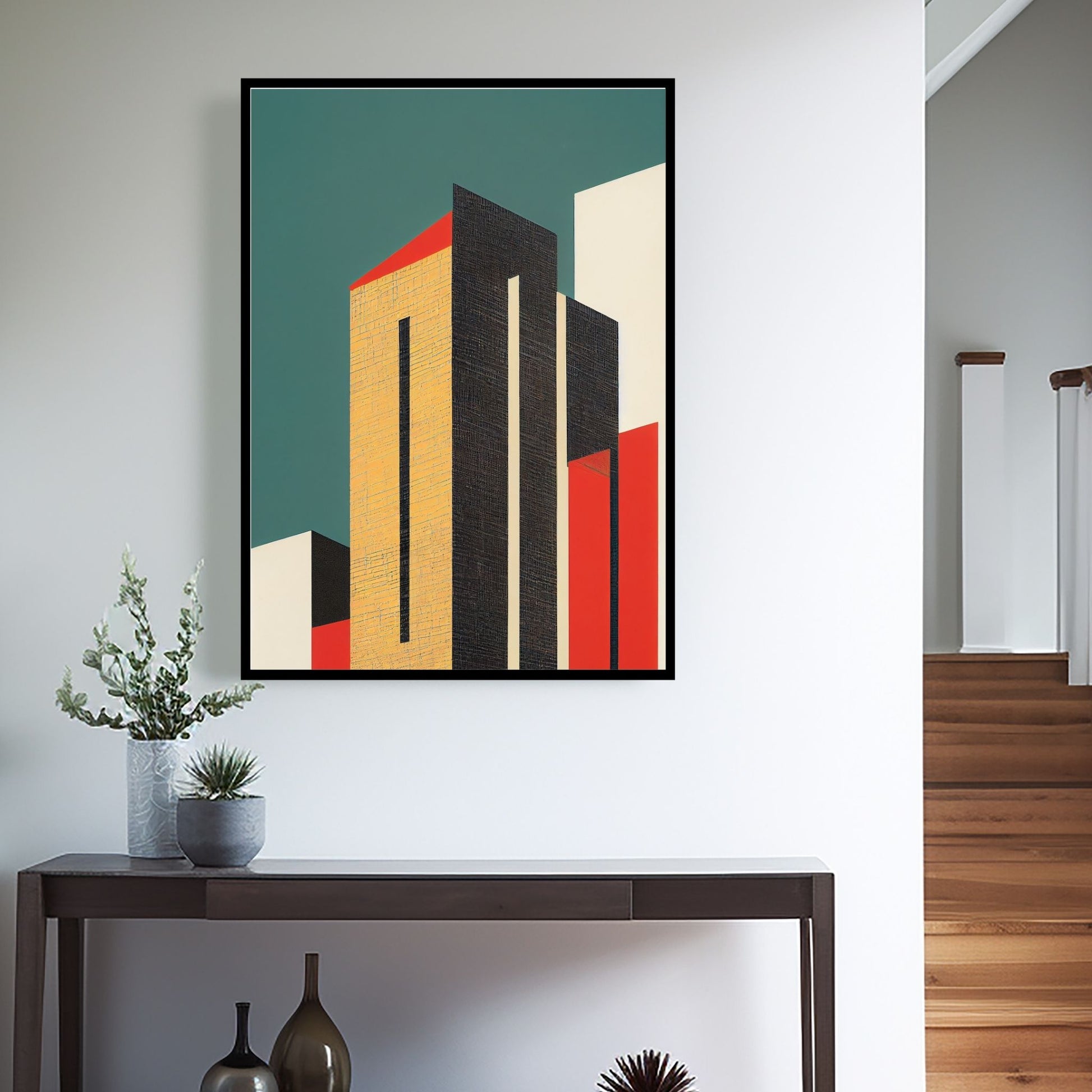 Oppdag den tidløse estetikken med Bauhaus Geometric Art – en moderne tolkning av arkitektoniske former, geometriske mønstre og abstrakte komposisjoner. Illustrasjon viser motivet som plakat i sort ramme.
