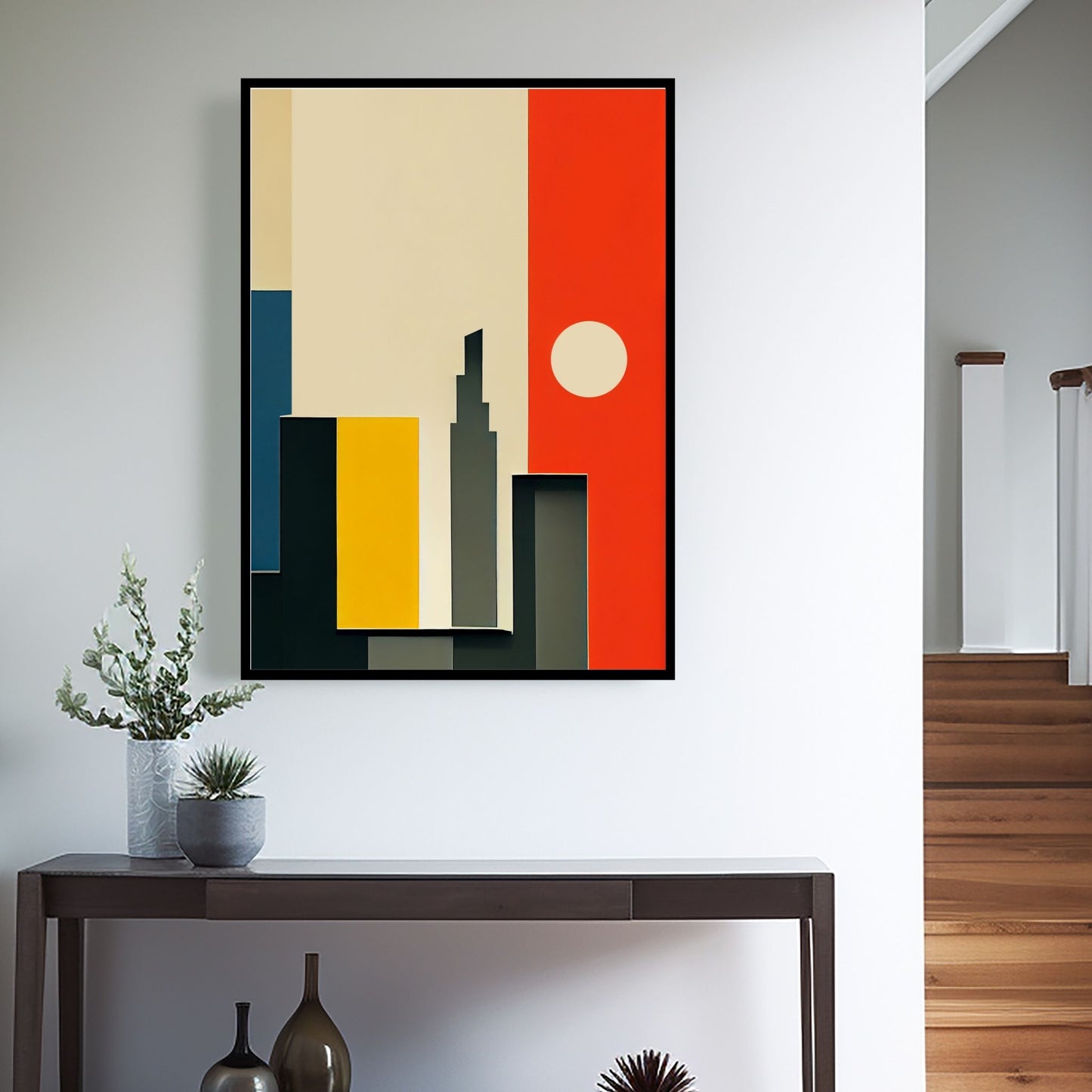 Oppdag den tidløse estetikken med Bauhaus Geometric Art – en moderne tolkning av arkitektoniske former, geometriske mønstre og abstrakte komposisjoner. Illustrasjon viser motivet som plakat i sort ramme.