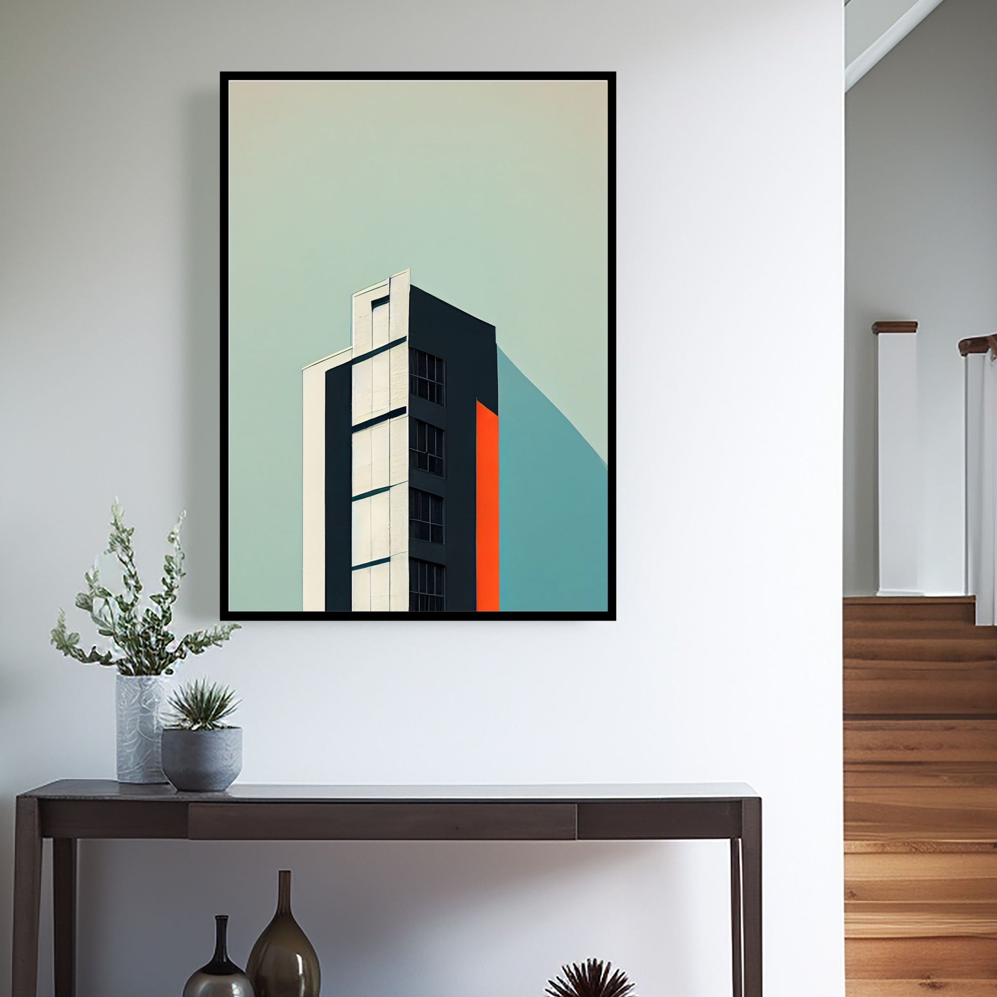 Oppdag den tidløse estetikken med Bauhaus Geometric Art – en moderne tolkning av arkitektoniske former, geometriske mønstre og abstrakte komposisjoner. Illustrasjon viser motivet som plakat i sort ramme.