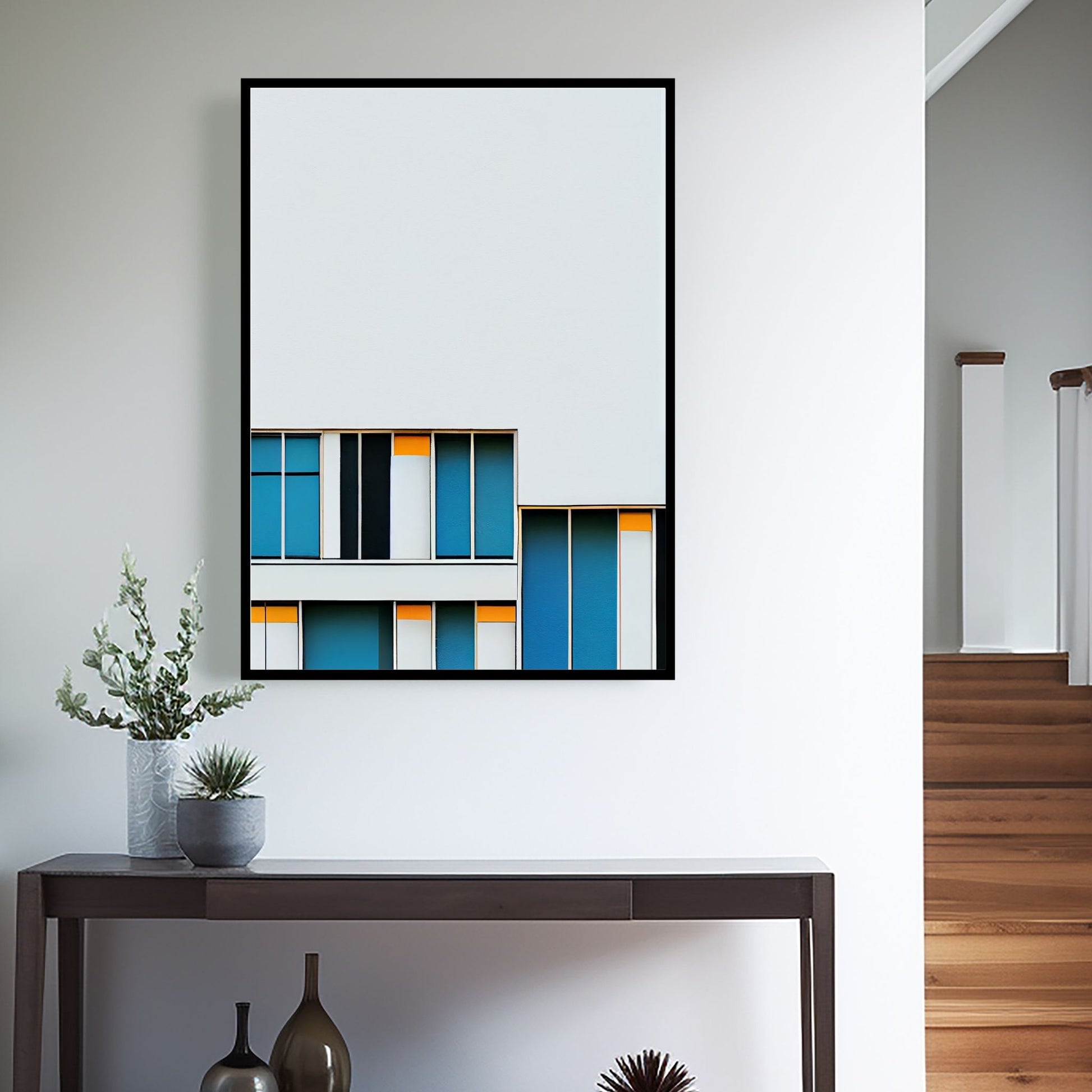 Oppdag den tidløse estetikken med Bauhaus Geometric Art – en moderne tolkning av arkitektoniske former, geometriske mønstre og abstrakte komposisjoner. Illustrasjon viser motivet som plakat i sort ramme.