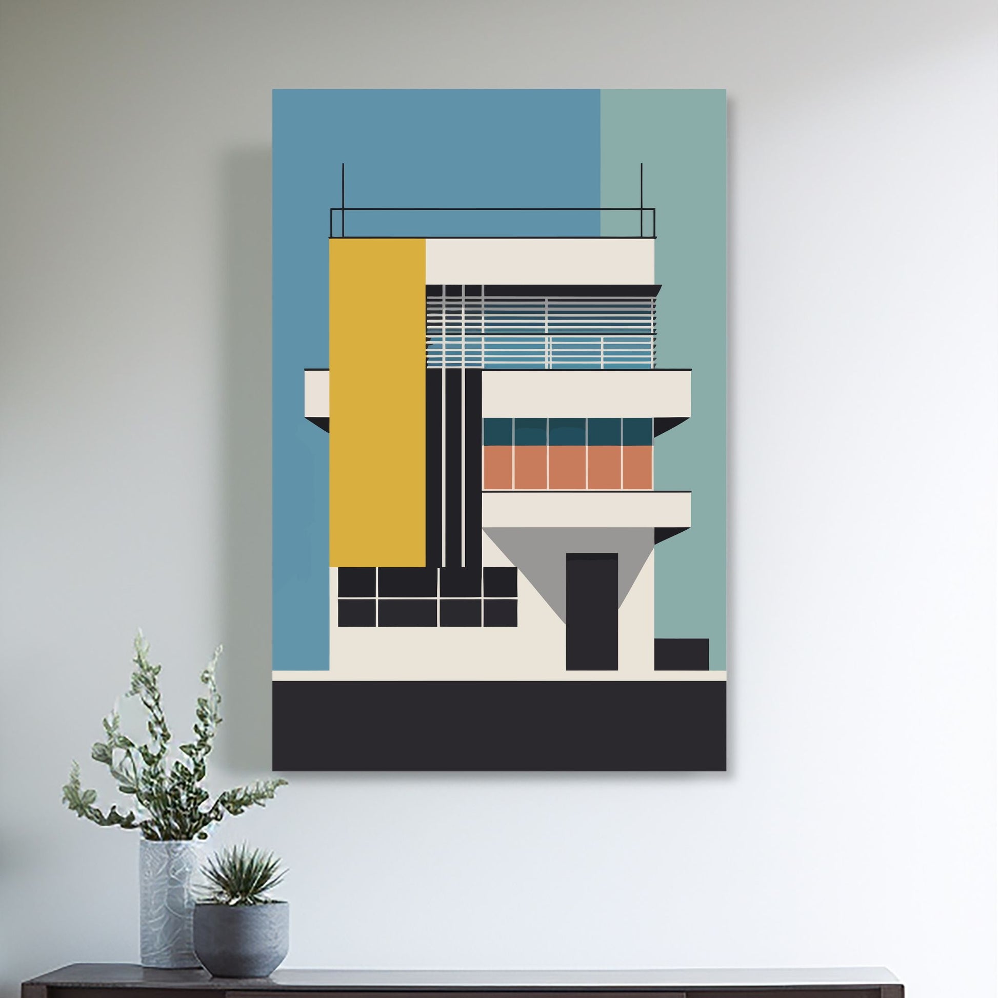 Oppdag den tidløse estetikken med Bauhaus Geometric Art – en moderne tolkning av arkitektoniske former, geometriske mønstre og abstrakte komposisjoner. Illustrasjon viser motivet på lerret.