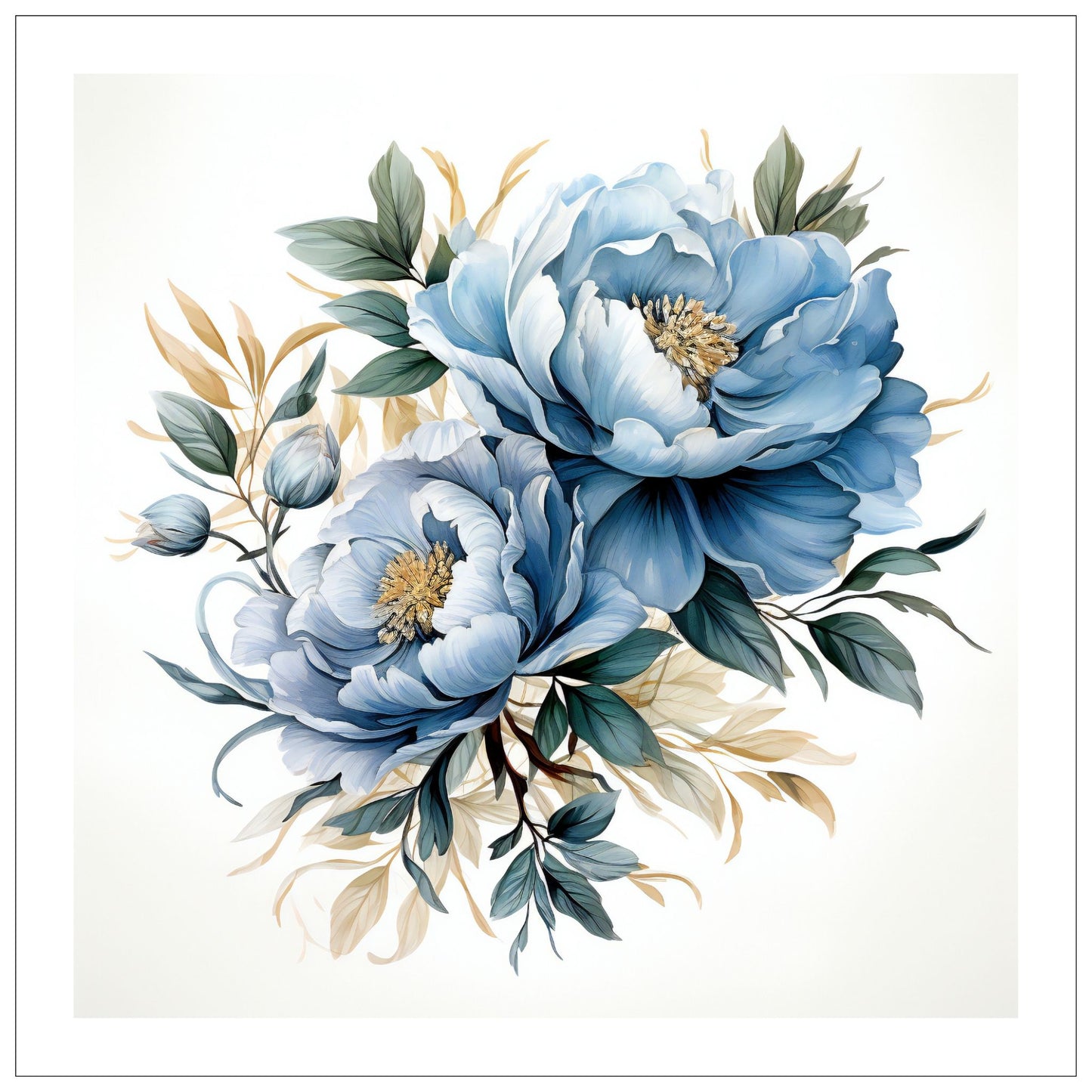 Grafisk motiv av blå blomster med grønt bladverk. Motivet fås som plakat og på lerrett. 