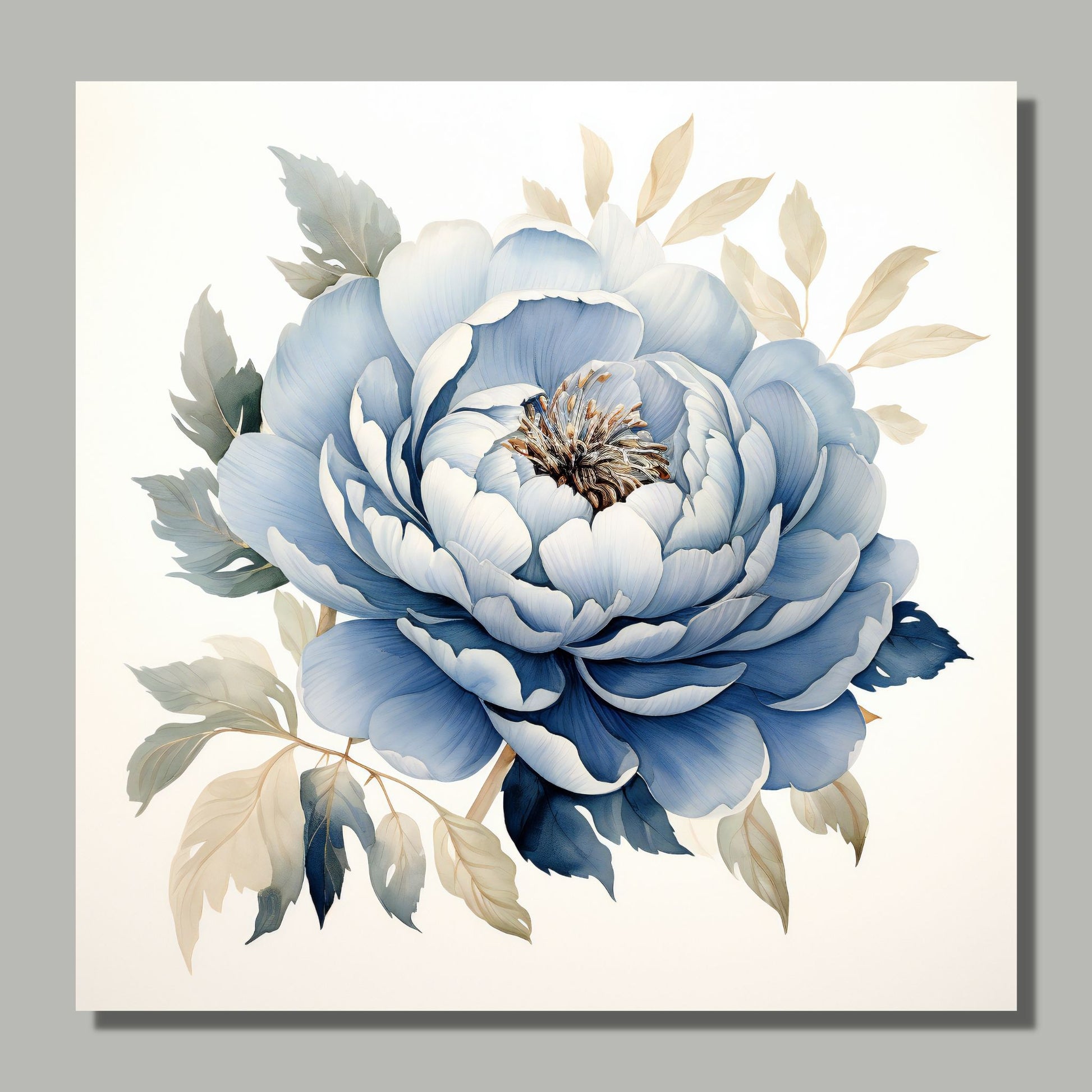 Grafisk motiv av blå rose med beige bladverk. Miljøbilde av motivet på lerret.