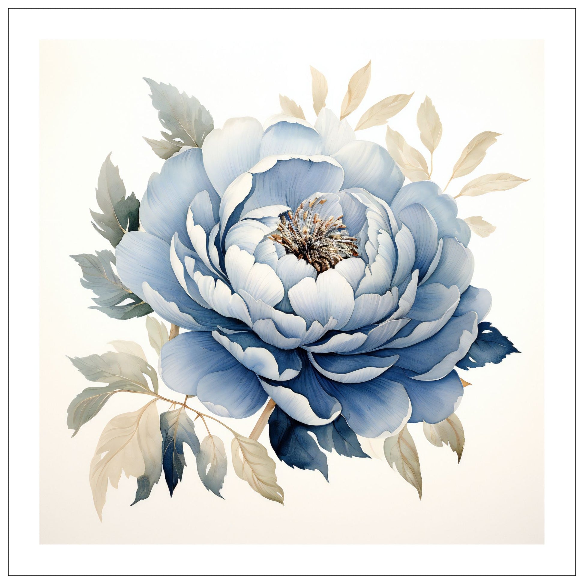 Grafisk motiv av blå rose med beige bladverk. Motivet fås som plakat og på lerrett. 