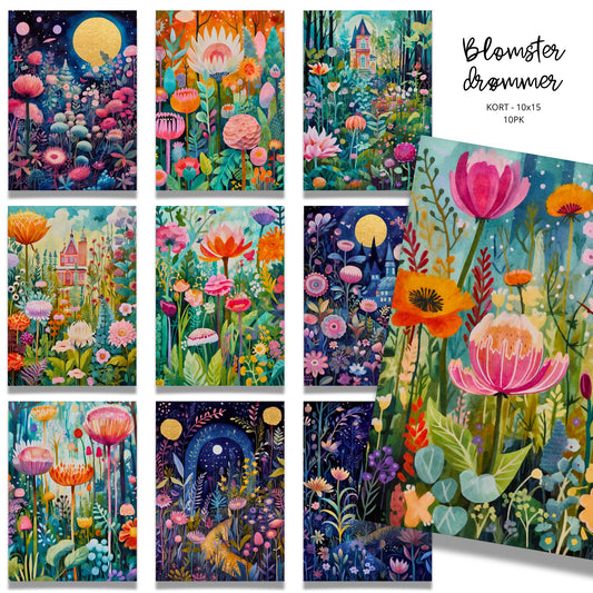 Denne kortserien består av 10 unike motiver med illustrasjoner som er inspirert av fantasihager, eventyrslott og blomster i fullt flor – enten badet i sollys eller innhyllet i nattens mystikk.
