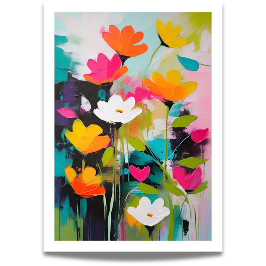 La hjemmet ditt blomstre med "Blomsterfest i Farger No2", ett av fem kunstneriske motiver som kombinerer livlige farger og abstrakte blomsterdesign.