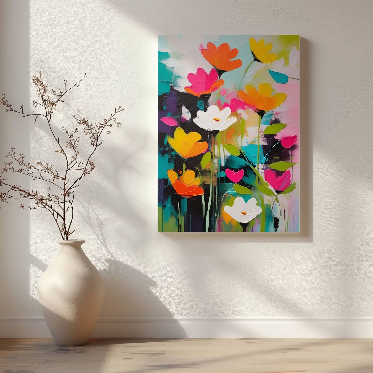 La hjemmet ditt blomstre med "Blomsterfest i Farger No2", ett av fem kunstneriske motiver som kombinerer livlige farger og abstrakte blomsterdesign. Illustrasjon viser motivet på lerret.